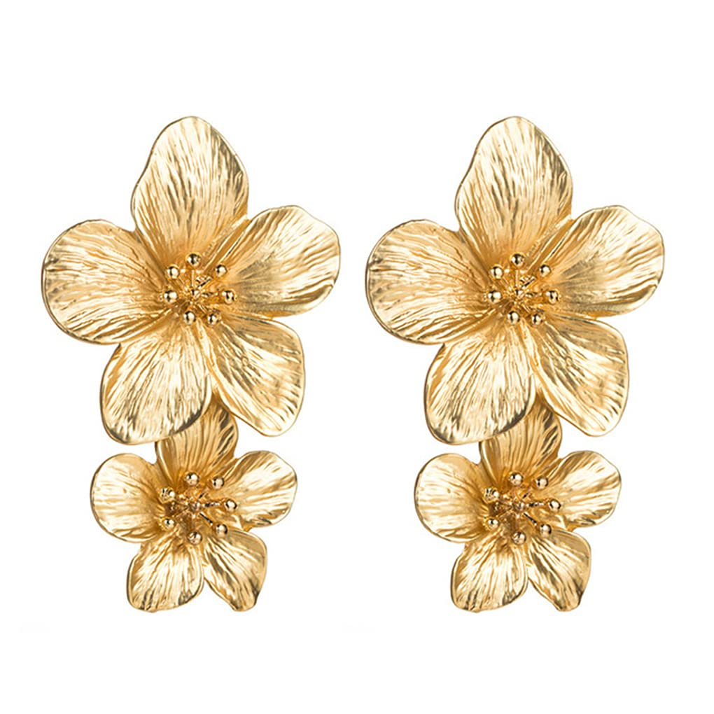 Bohemian Double Metal Flower Stud Earrings for Women - Multicolor Wildflower Long Drop Dangle Earrings - Petal Statement Jewelry for Girls | Perfect for Festivals, Parties & Boho Fashion Accessories