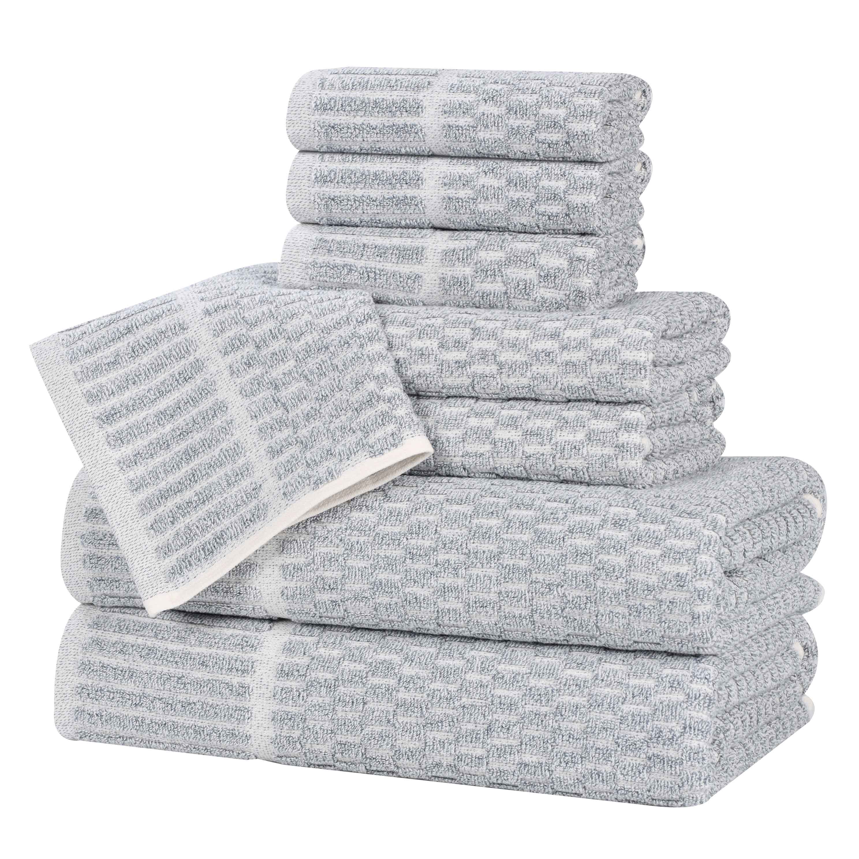 Premium 8-Piece Cotton Blend Checkered Border Towel Set - Medium Weight, Soft & Absorbent for Bathroom, Kitchen & Guest Use