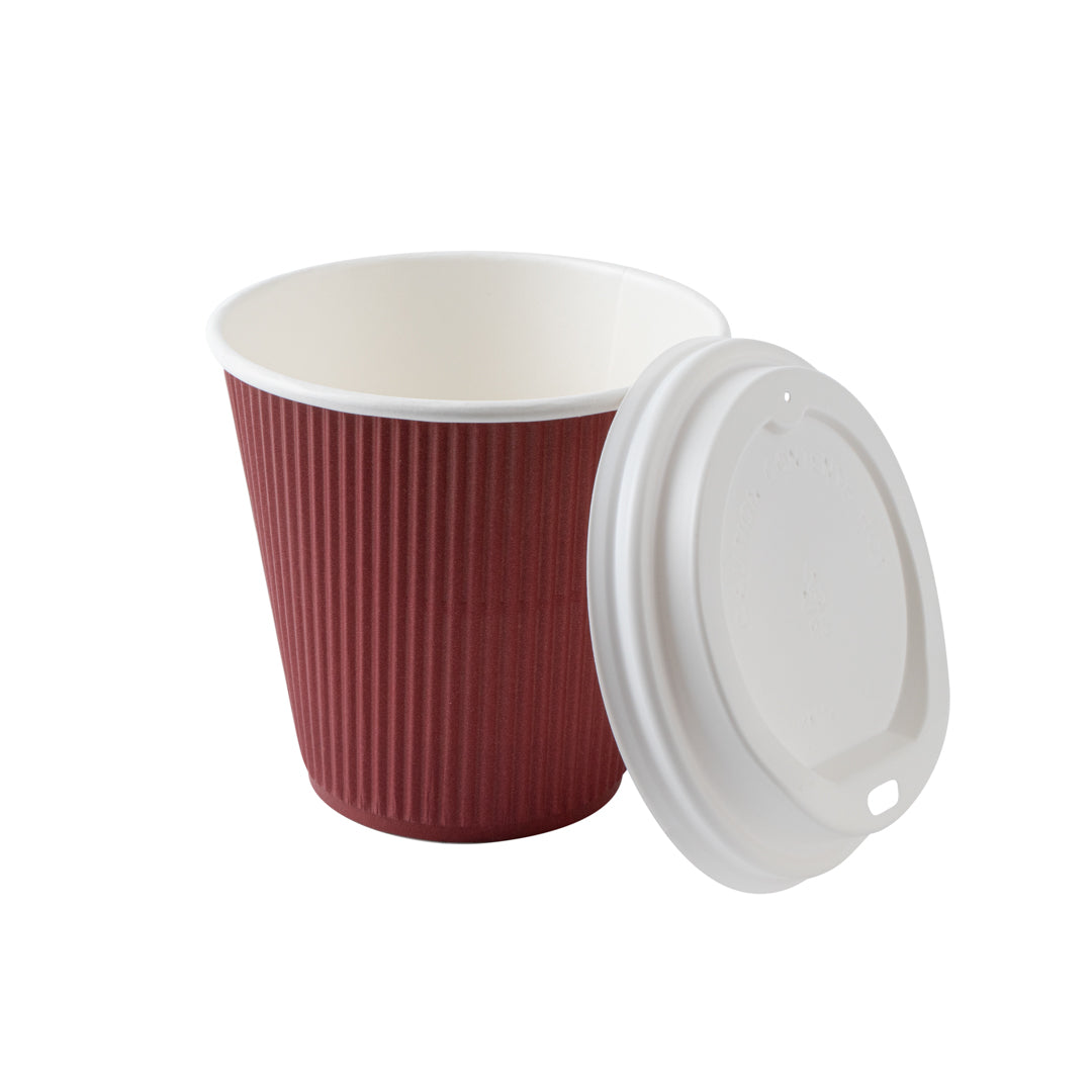 8 oz Crimson Red Ripple Wall Paper Coffee Cups with White Lids - 20 Count Box (3.5