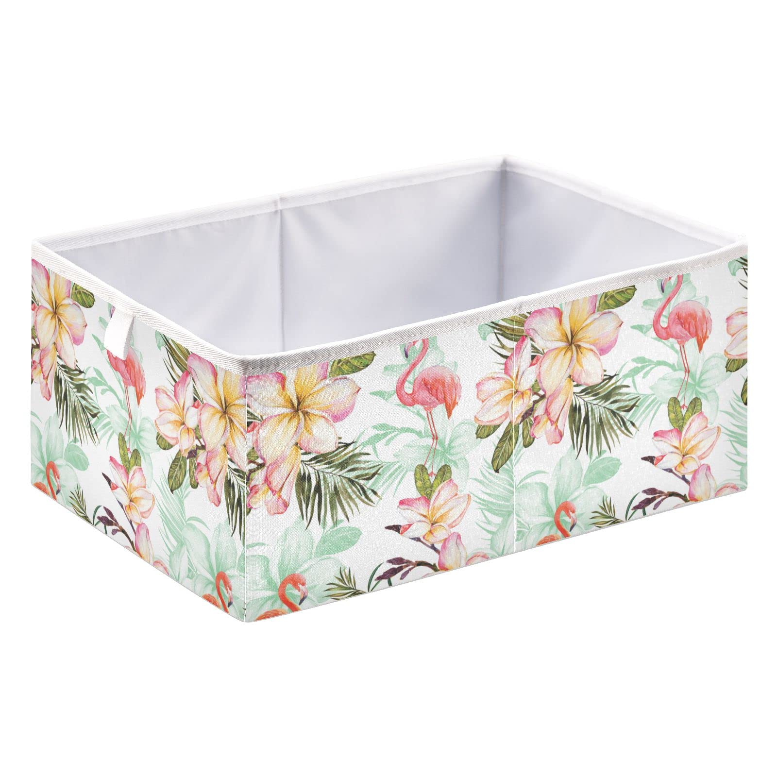 Flamingo Plumeria Flower Pattern Foldable Fabric Storage Bins with Handles - 15.75x10.63x6.96 Inch Rectangular Toy Organizer Basket for Bedroom, Kids Room, Nursery, Playroom & Home Office Organization