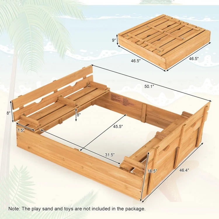Kids Wooden Sandbox with 2 Foldable Bench Seats - Outdoor Play Sand Box for Toddlers & Children - Perfect for Backyard, Garden, and Playground Fun