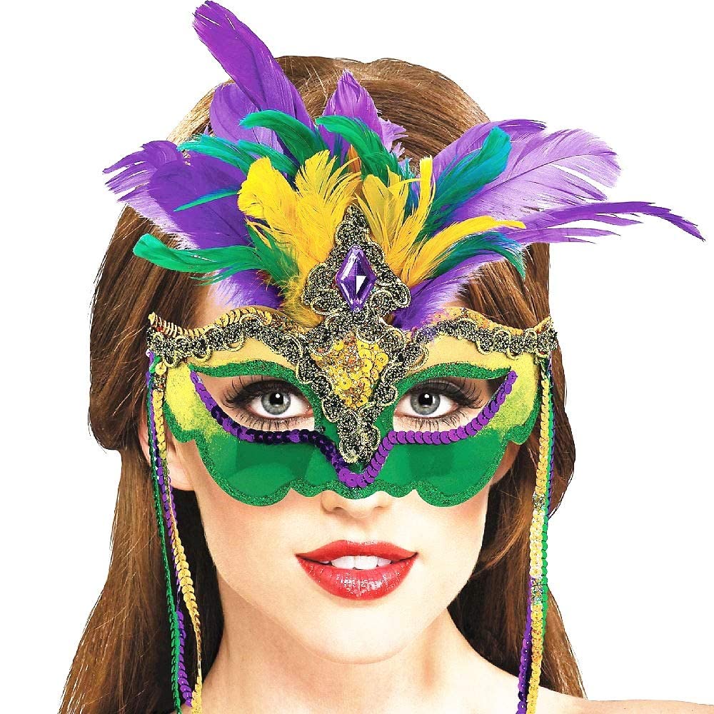 QLINLEAF Mardi Gras Mask - Feather Masquerade Venetian Carnival Mask for Women, Halloween Costume Accessory, Cosplay Party Mask - Perfect for Mardi Gras Balls, Venetian Carnivals, Halloween Parties & Costume Events