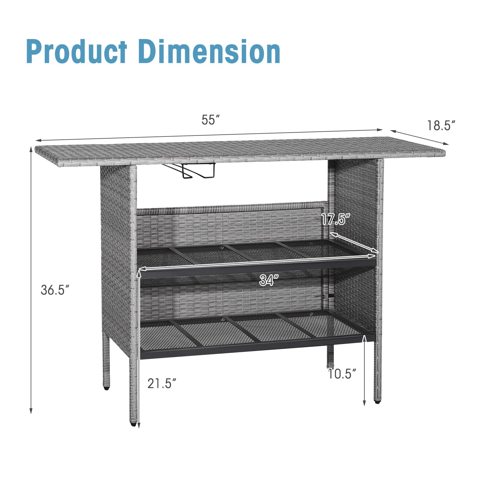 Tangkula Outdoor Wicker Bar Table - All-Weather Patio Bar Height Table with 2 Metal Mesh Shelves & 2-Rail Steel Stemware Racks - Rattan Bar Counter for Backyard, Poolside, Garden (Mix Grey) | Perfect for Outdoor Entertaining, BBQs, and Relaxing by the Pool