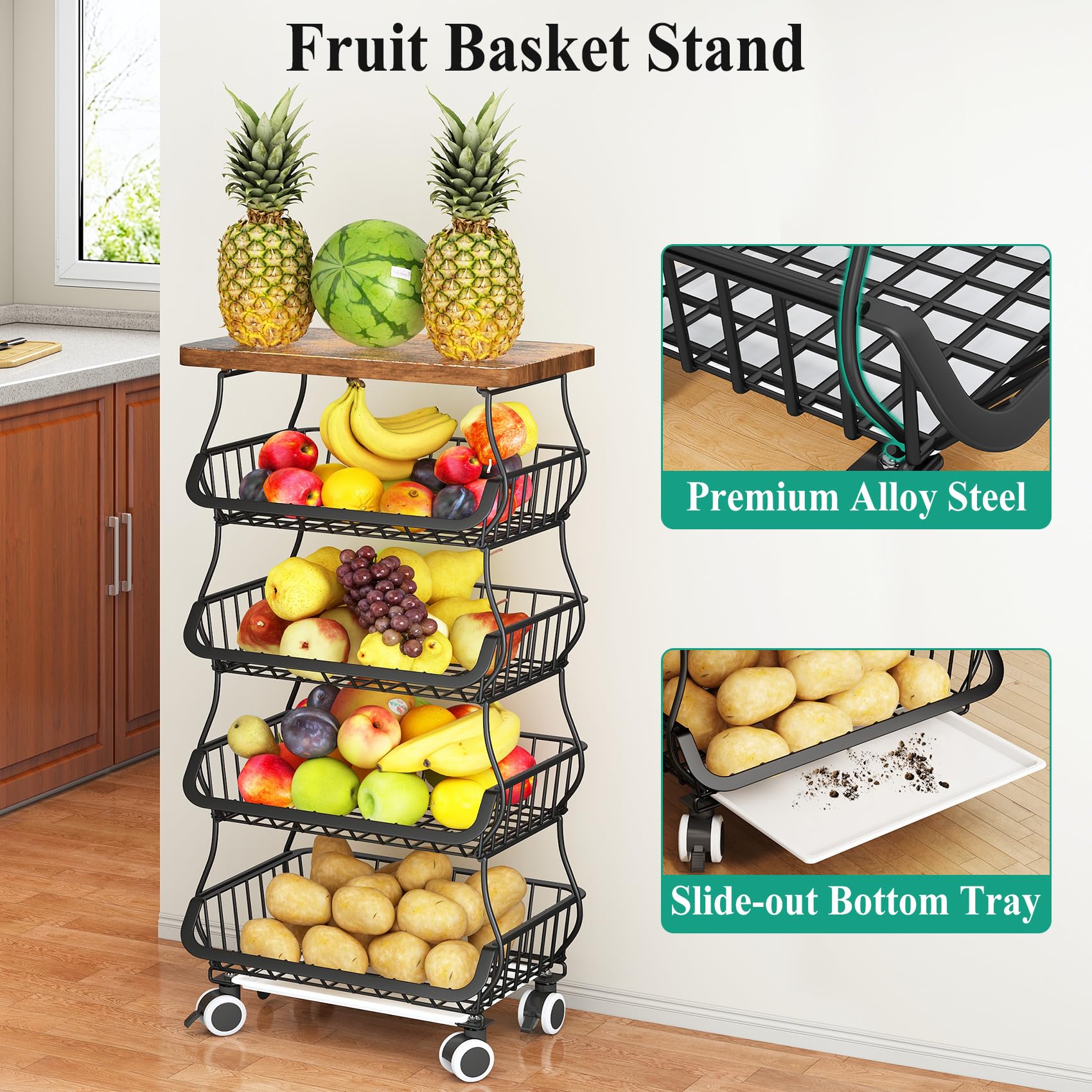 Wooden Top Metal Wire Basket Stand - Stackable Kitchen Pantry Organizer for Fruits, Vegetables, Snacks, Jars & Containers | Black Storage Cart for Home, Office or Restaurant Use