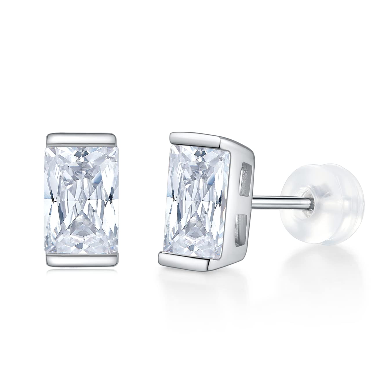 7ZHUS 925 Sterling Silver Cubic Zirconia Earrings for Women & Men - Round & Princess Cut CZ Diamond Stud Jewelry Gifts for Anniversary, Birthday & Special Occasions