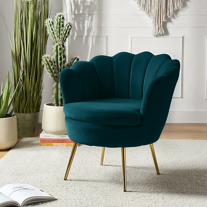 Evelia Velvet Scalloped Barrel Chair - Luxurious Velvet Accent Chair with Curved Back for Living Room, Bedroom & Office - Perfect for Reading Nook, Lounge Area or Home Decor