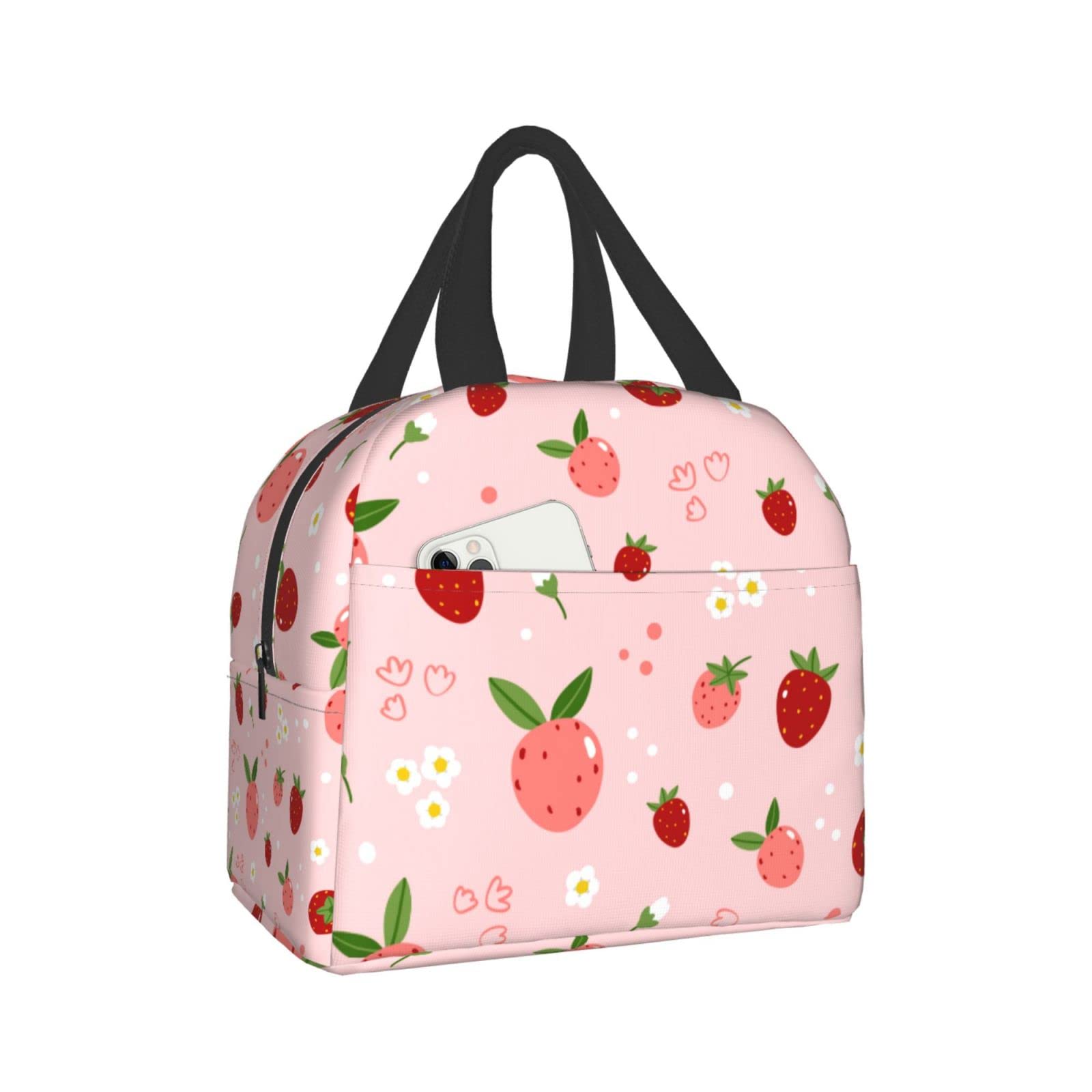 Ucsaxue Insulated Lunch Bag - Cute Strawberry & Floral Design Reusable Bento Box, Cooler Tote for Work, Picnic, Shopping - Perfect for Adults, Men & Women
