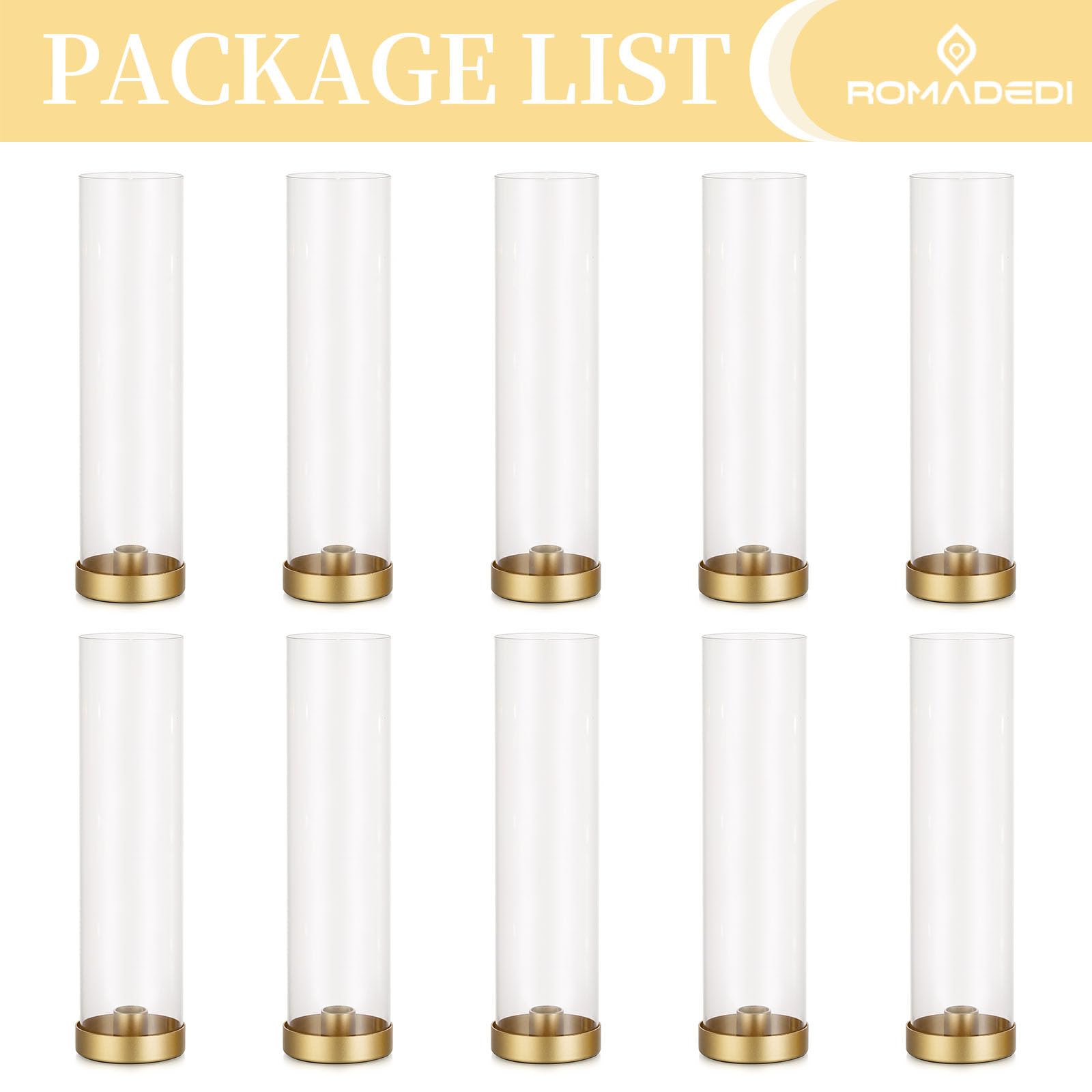 Romadedi 12 Inch Gold Glass Hurricane Candle Holders - Set of 10 Clear Cylinder Taper Candlesticks for Wedding Centerpieces, Party Decor, Christmas Home Decorations - Perfect for Dining Tables, Fireplace Mantels & Holiday Displays