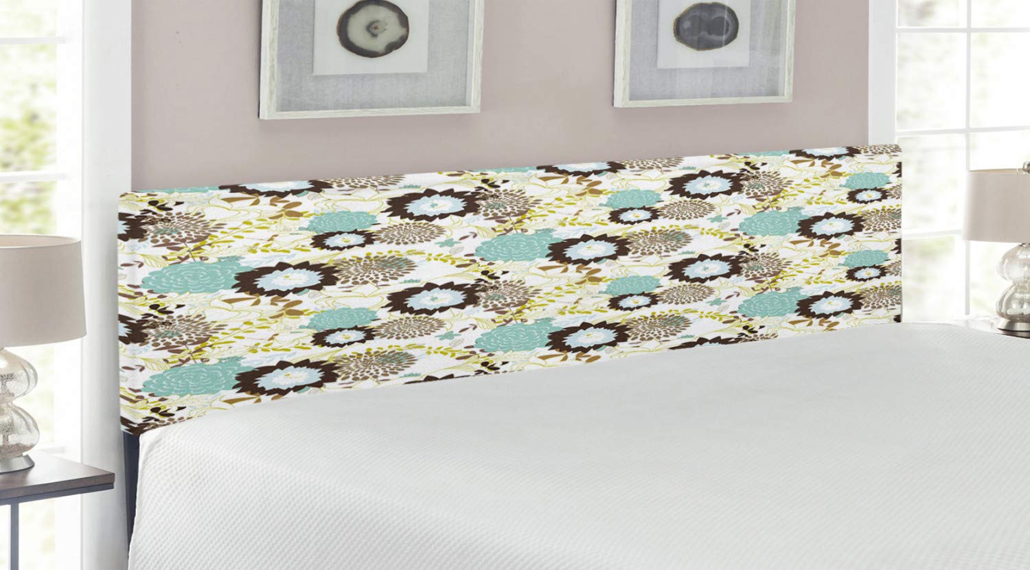 Ambesonne Vintage Upholstered Headboard - King Size Abstract Floral Pattern with Memory Foam | Retro Revival Bed Frame for Master Bedroom Decor | Seafoam Brown Green Metal Headboard for Bedroom Makeover