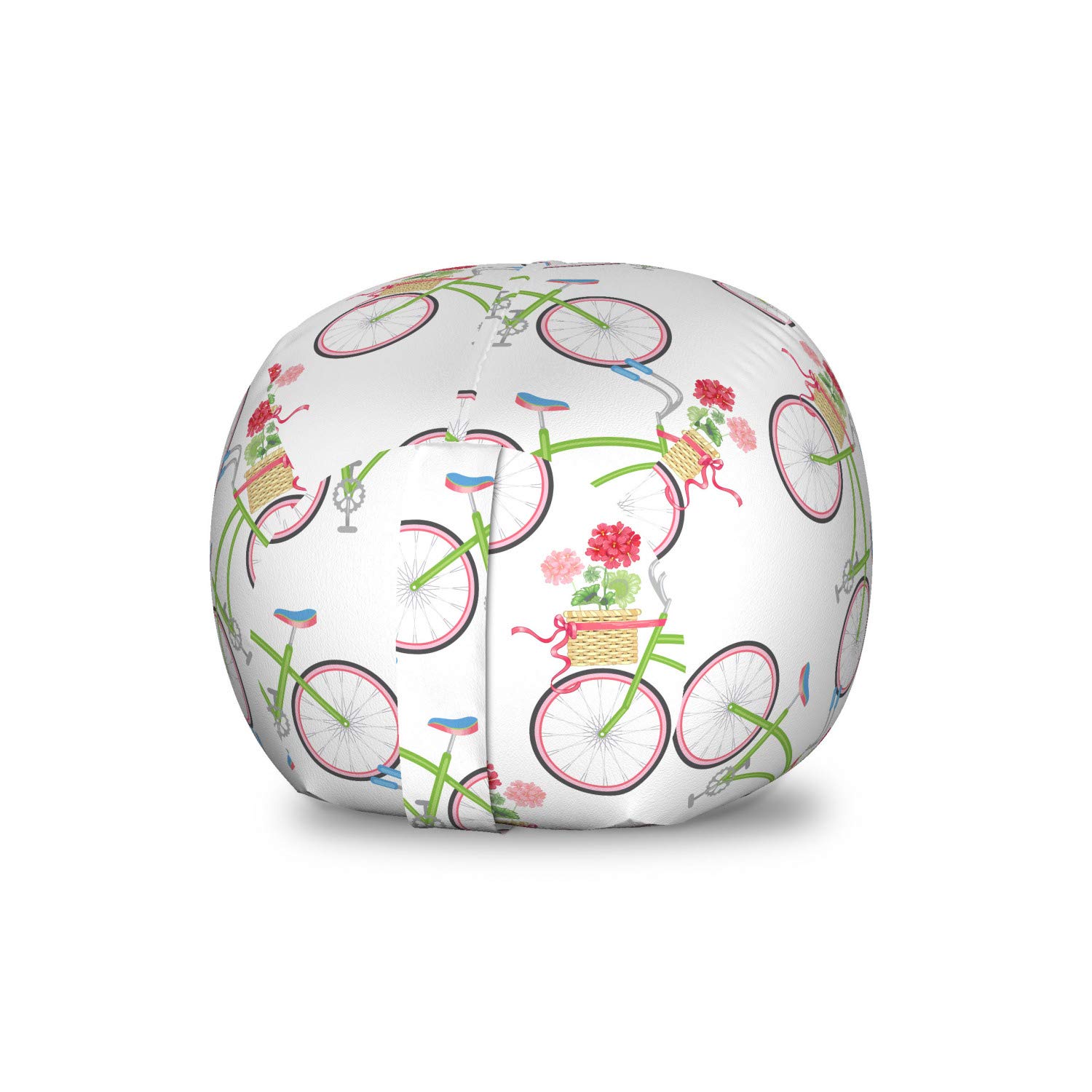 Ambesonne Geraniums Toy Storage Bag Chair - Floral Bicycle Basket Repeating Pattern, Washable Stuffed Animal Organizer, Small Size White & Multicolor - Perfect for Kids' Room, Nursery Organization & Playroom Decor