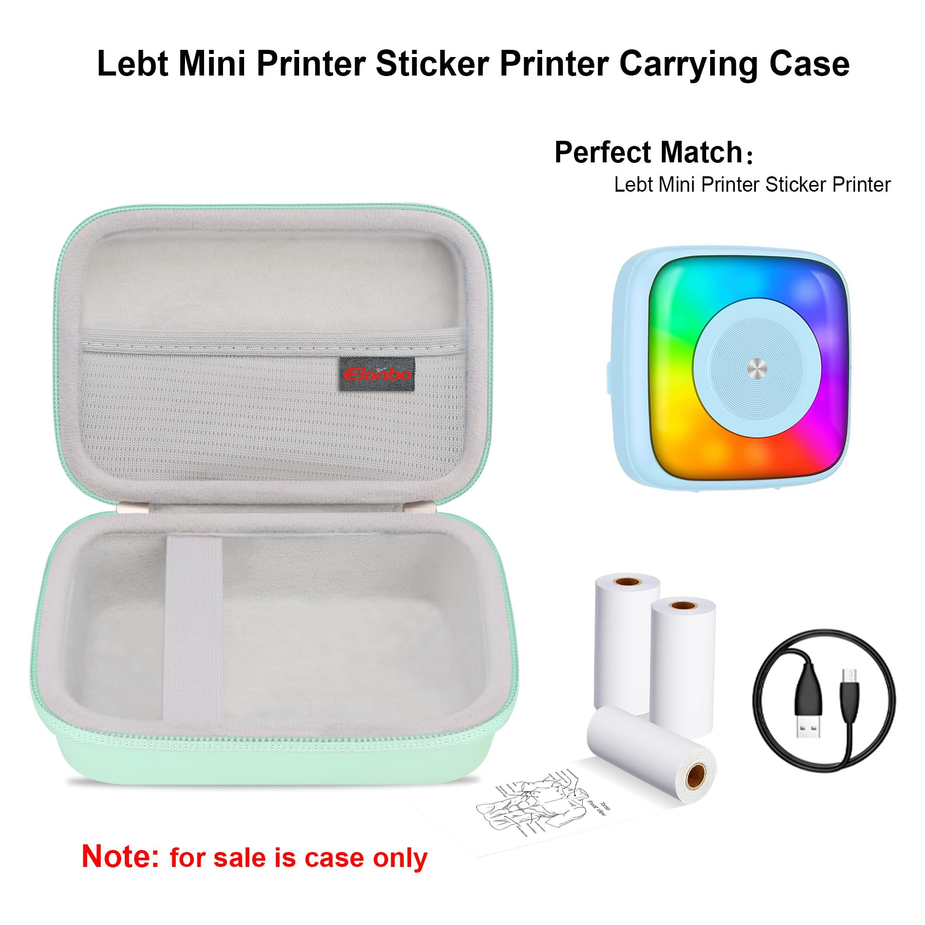 Elonbo Carrying Case for Lebt Mini Sticker Pocket Printer - Portable Thermal Label Printer Travel Bag with Mesh Pocket for Label Paper Rolls & Tape (Green) - Perfect for Office, Shipping & Travel Organization