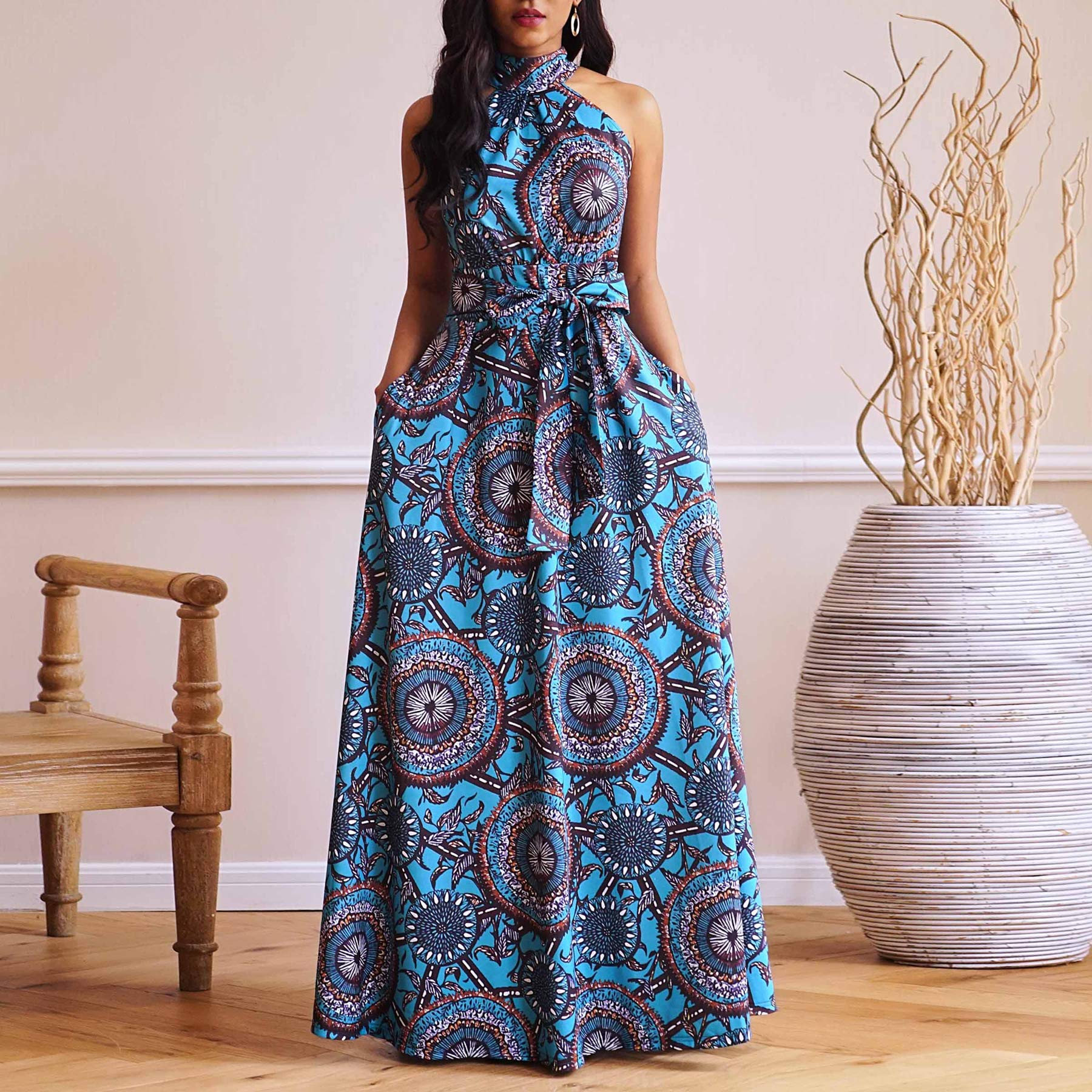 VERWIN Women's Elegant Floor Length Lace-Up High Waist Maxi Dress with Stand Collar - Sleeveless Floral Print Brown Dress for Wedding, Party & Special Occasions