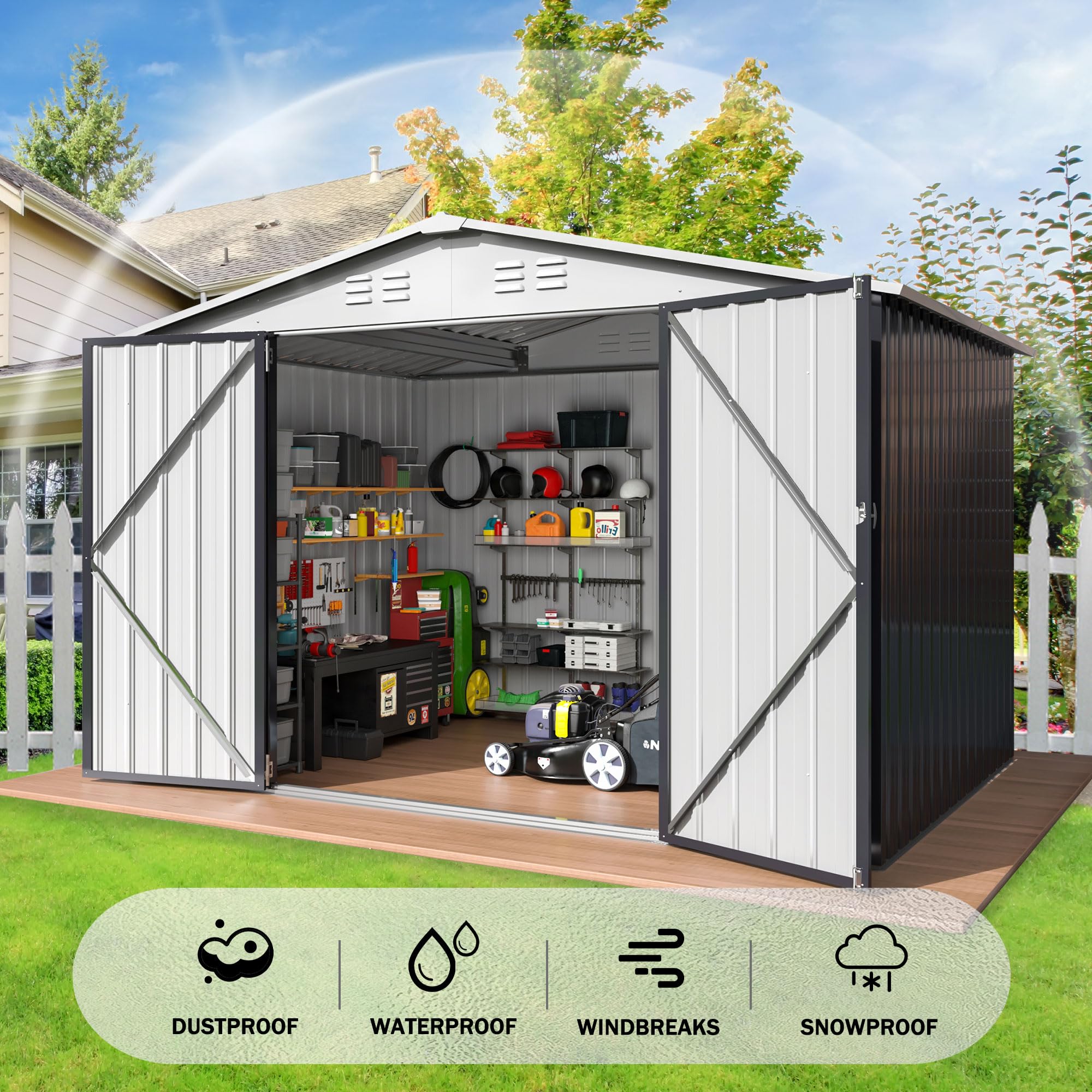 Polar Aurora 6x8 FT Outdoor Storage Shed - Heavy Duty Metal Garden Shed with Reinforced Frame Structure | Waterproof Tool Shed for Backyard, Patio, Lawn (White) | Perfect for Storing Gardening Tools, Lawn Equipment & Outdoor Furniture