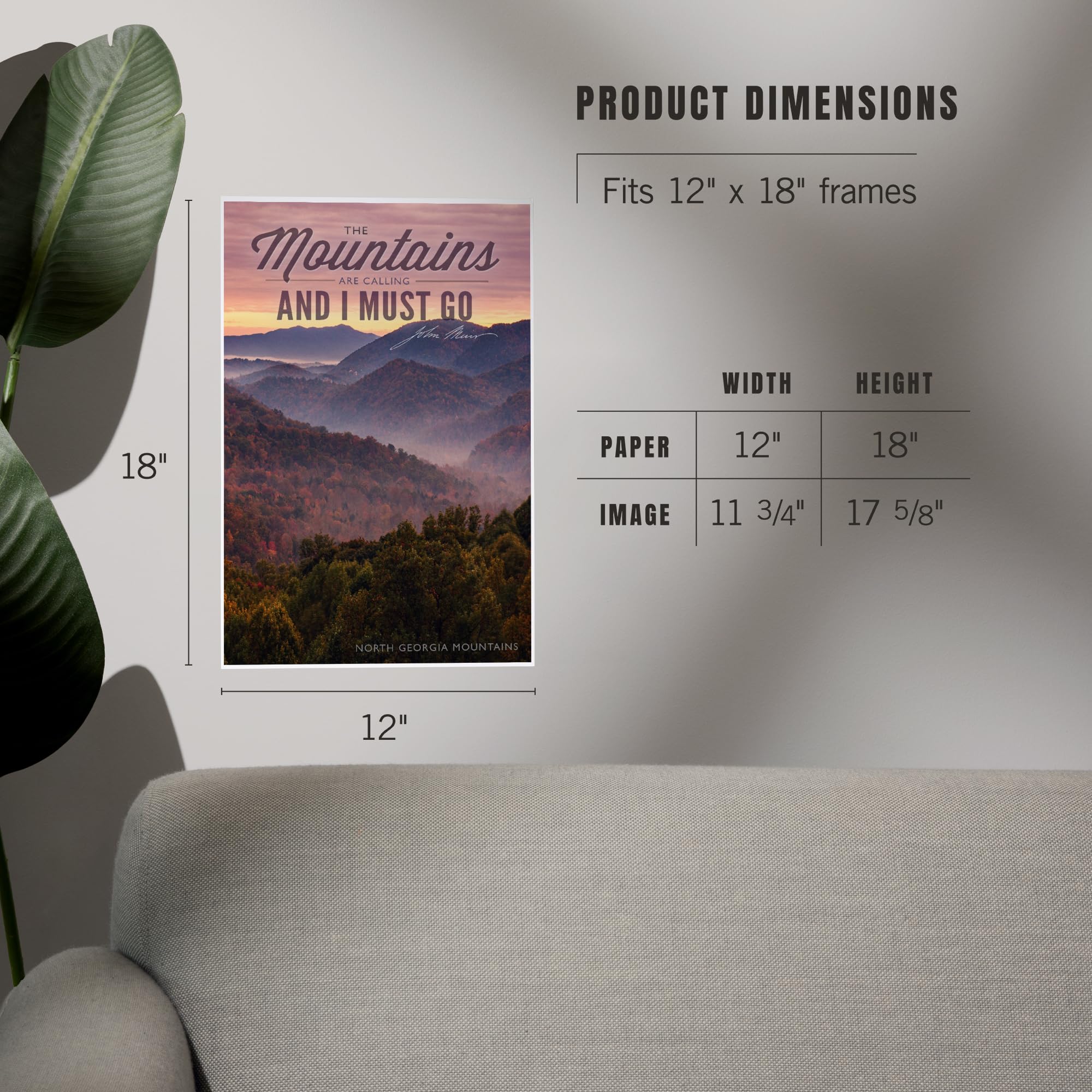 Lantern Press 12x18 Inch John Muir 'The Mountains Are Calling' Art Print - North Georgia Mountains Sunset Wall Decor for Living Room, Bedroom & Office