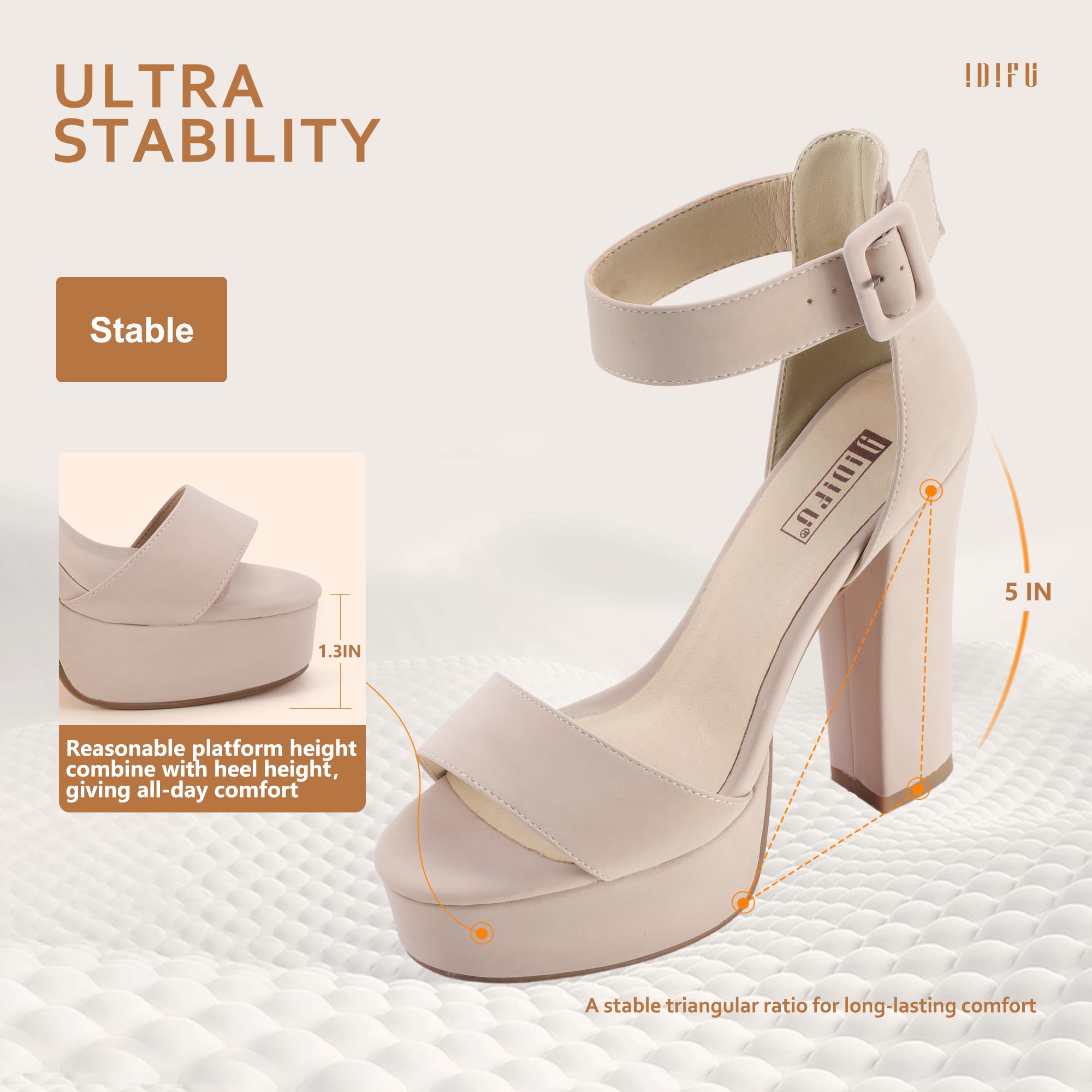 IDIFU IN5 Sabrina Women's Chunky Block Heel Sandals - Sexy Ankle Strap Open Toe Platform Heels for Wedding, Party & Dress Occasions - Comfortable High Heels for Night Out, Date Night & Special Events