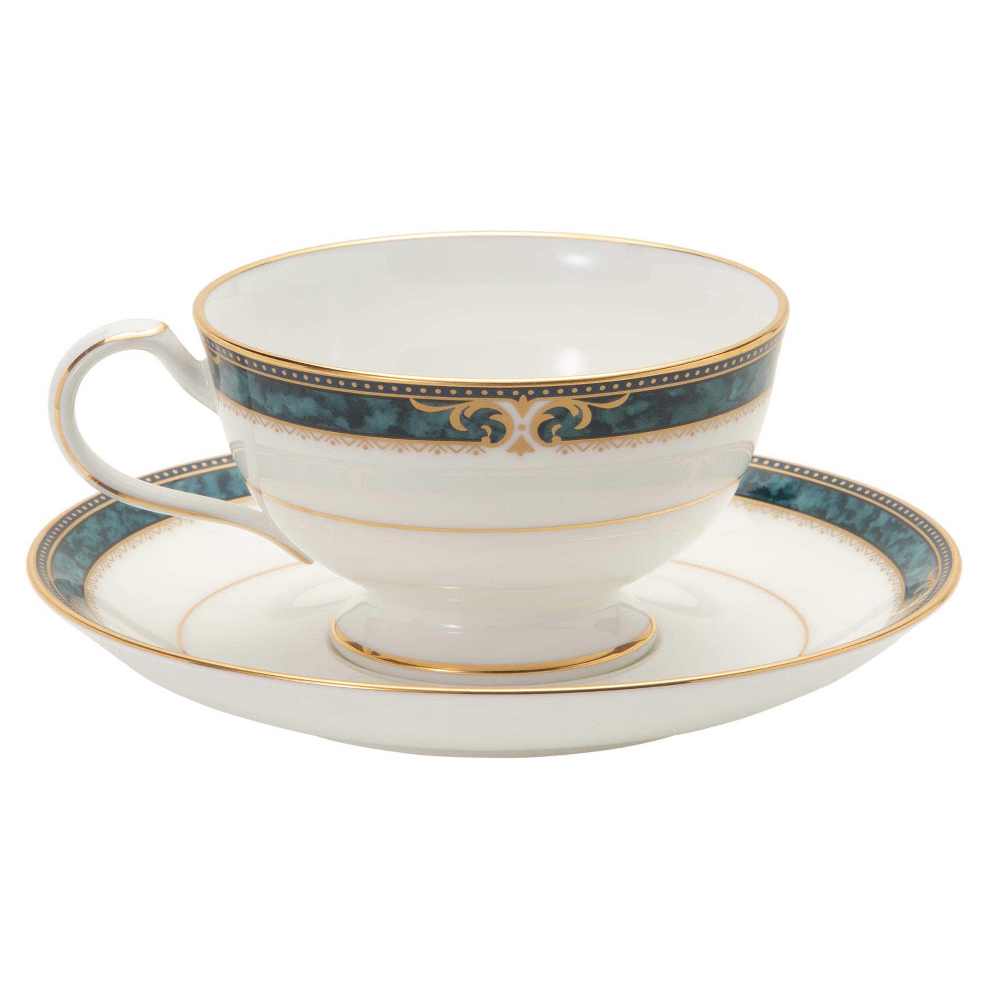 Noritake P97221/4727 Bone China Cup & Saucer Set - 6.4 fl oz (190cc) Low Tea Cup for Coffee & Tea - Elegant Essex Coat Design - Perfect for Afternoon Tea, Breakfast or Office Use