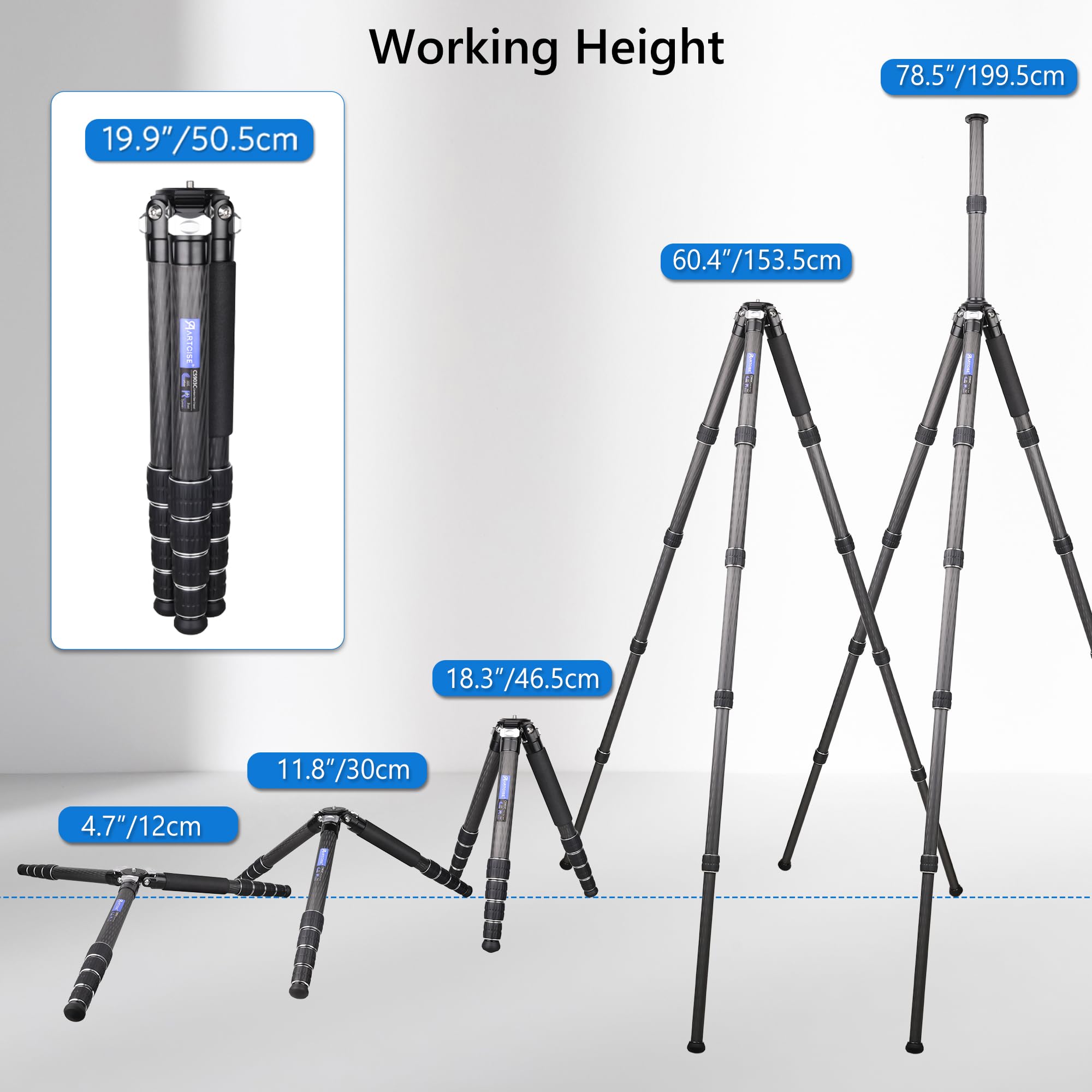 ARTCISE 78'' Professional Carbon Fiber Tripod for DSLR Cameras - Heavy Duty 10-Layer Carbon Fiber Tube, 5-Section with 40mm Max Tube Diameter, Supports 88lbs/40kg - Perfect for Outdoor Photography, Travel Vlogging & Studio Shooting