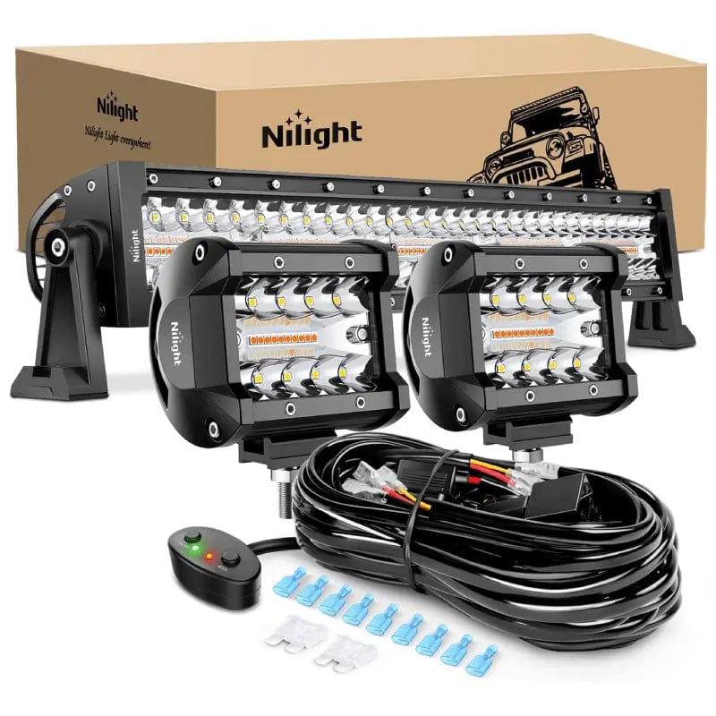 22 Inch 480W Triple Row Amber White Spot Flood LED Light Bar with 2Pcs 4 Inch 60W LED Pods and 16AWG DT Wire 3 Leads - Perfect for Off-Road Trucks, ATVs, UTVs, and Marine Applications