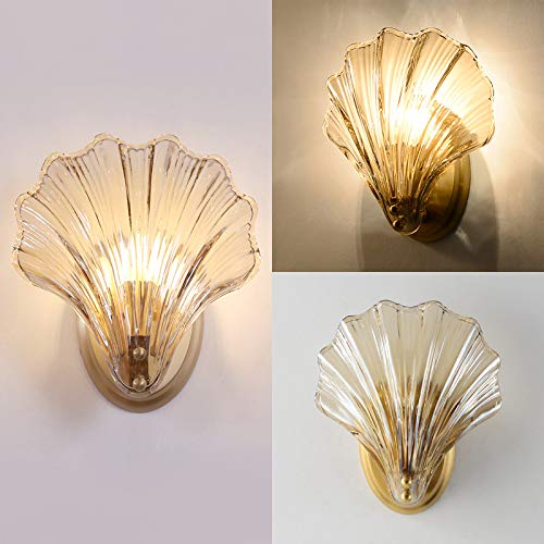LITFAD Clear Shell Shape Wall Sconce Light - 1-Light Modern Fluted Glass Metal Wall Lamp with Copper Finish - Perfect for Bedroom, Living Room, Restaurant & Hotel Lighting Decor