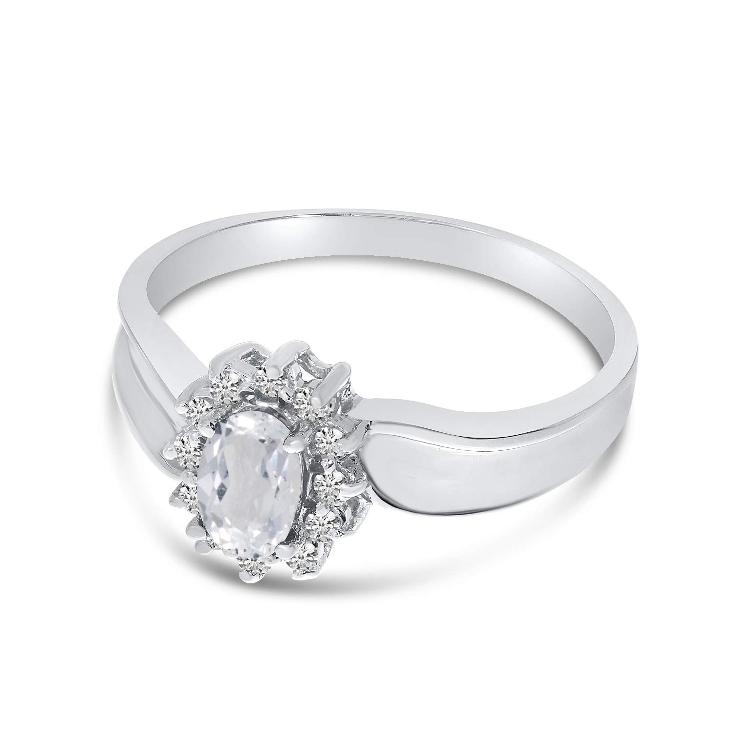 14K White Gold Oval White Topaz and Diamond Ring for Women - Size 6 | Elegant Bridal, Anniversary, or Engagement Jewelry Gift