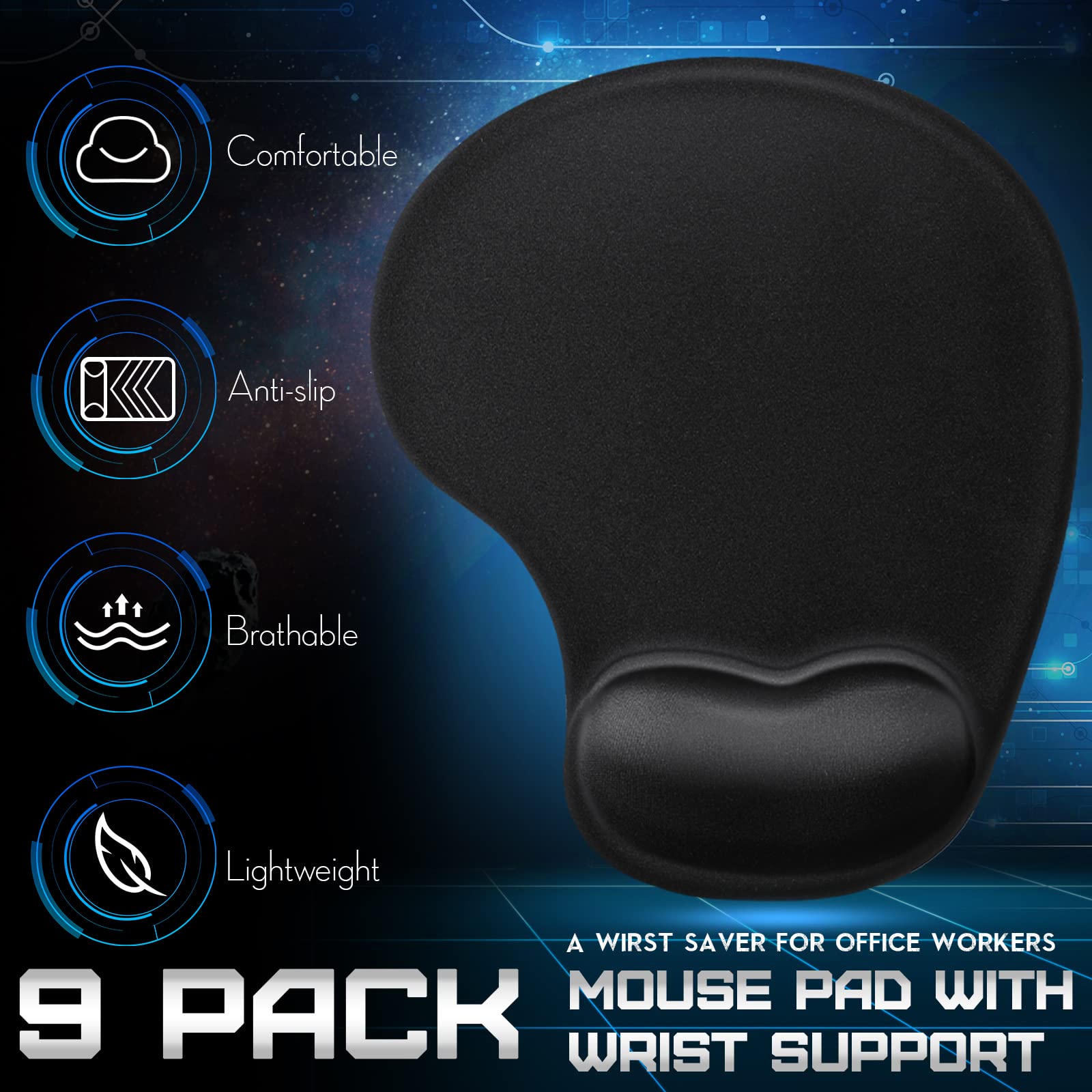 9 Pack Ergonomic Mouse Pad with Gel Wrist Support - Memory Foam Non-Slip PU Base for Pain Relief - Perfect for Computer, Laptop, Home Office & Travel Use