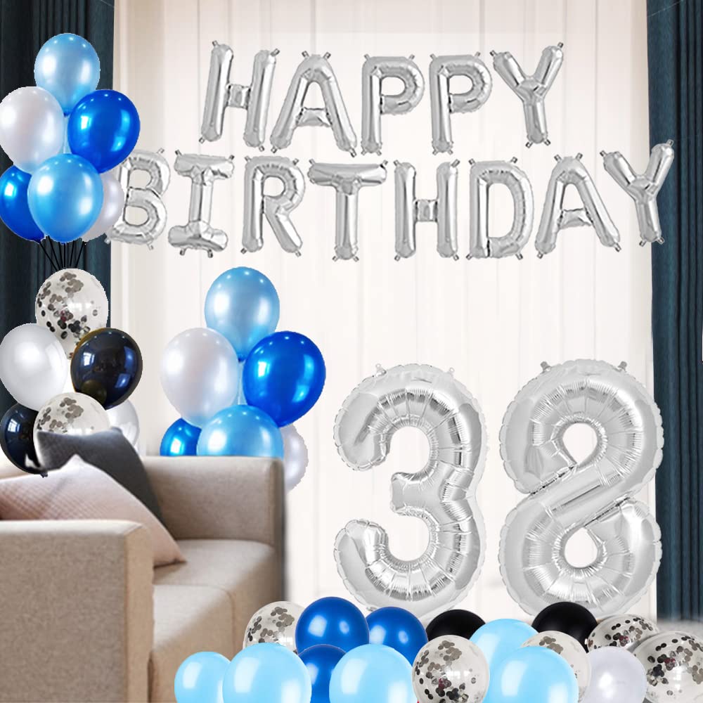 38th Birthday Party Decorations Set - Foil Happy Birthday Banner, Number 38 & Star Balloons, 43pcs Latex Balloons in Silver & Blue for Adult Birthday Celebrations & Milestone Parties