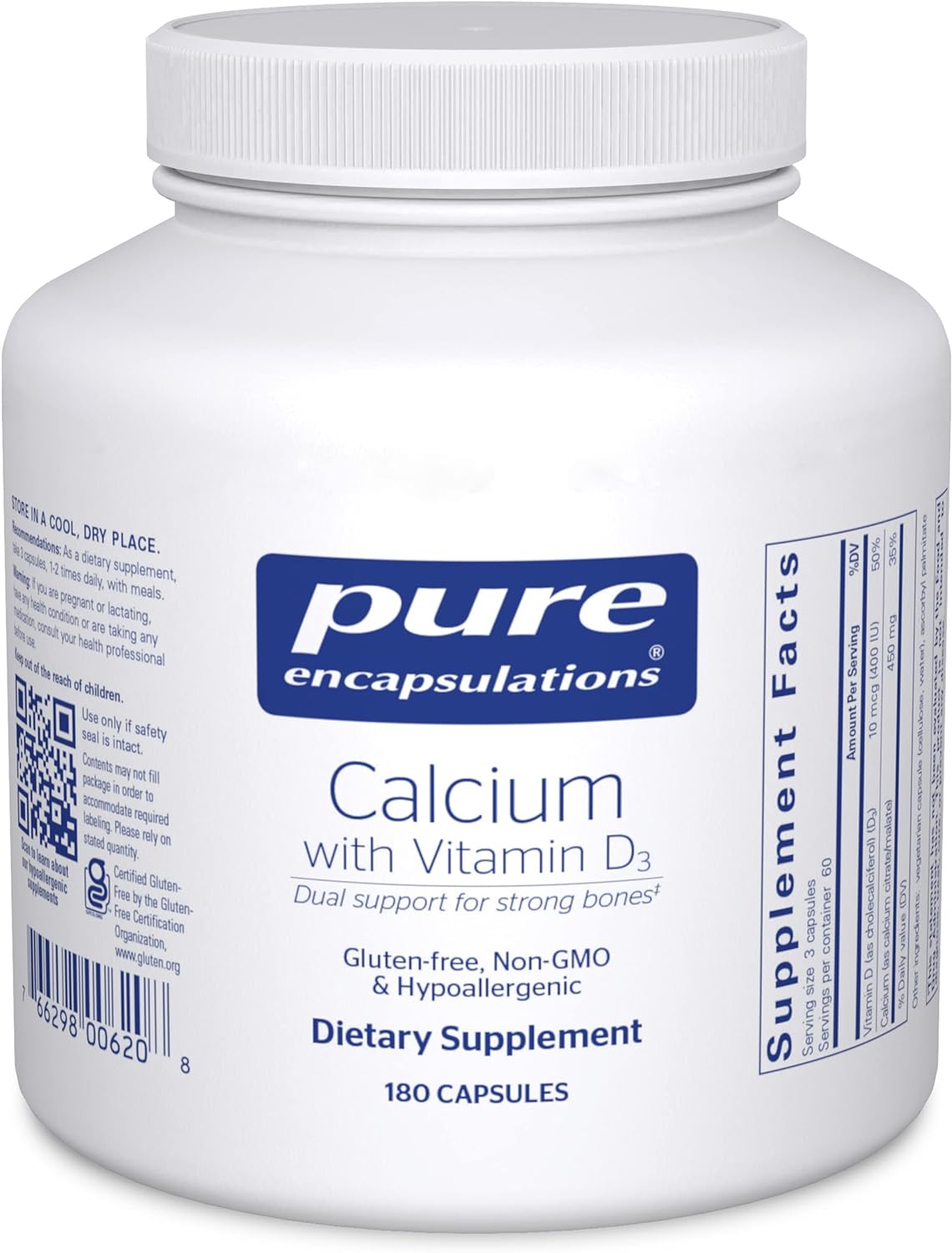 Pure Encapsulations Calcium with Vitamin D3 Supplement - 180 Capsules for Bone Health & Immune Support | Daily Nutrition for Adults & Seniors