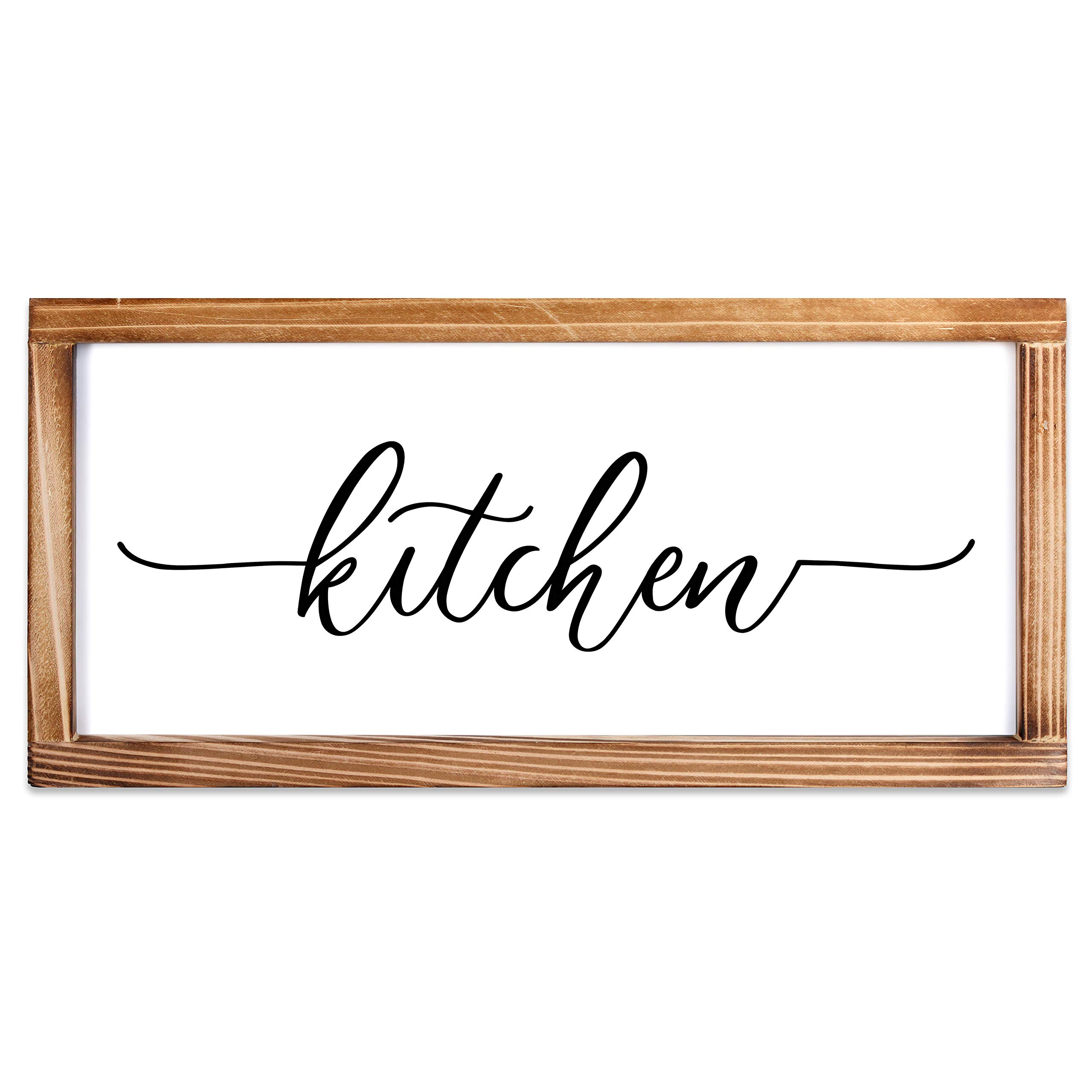 Farmhouse Kitchen Sign Wall Decor 8x17 Inch - Vintage Rustic Wooden Framed Kitchen Rules Sign with Cursive Lettering - Perfect for Farmhouse, Boho, Country Style Kitchens, Dining Rooms & Coffee Shops