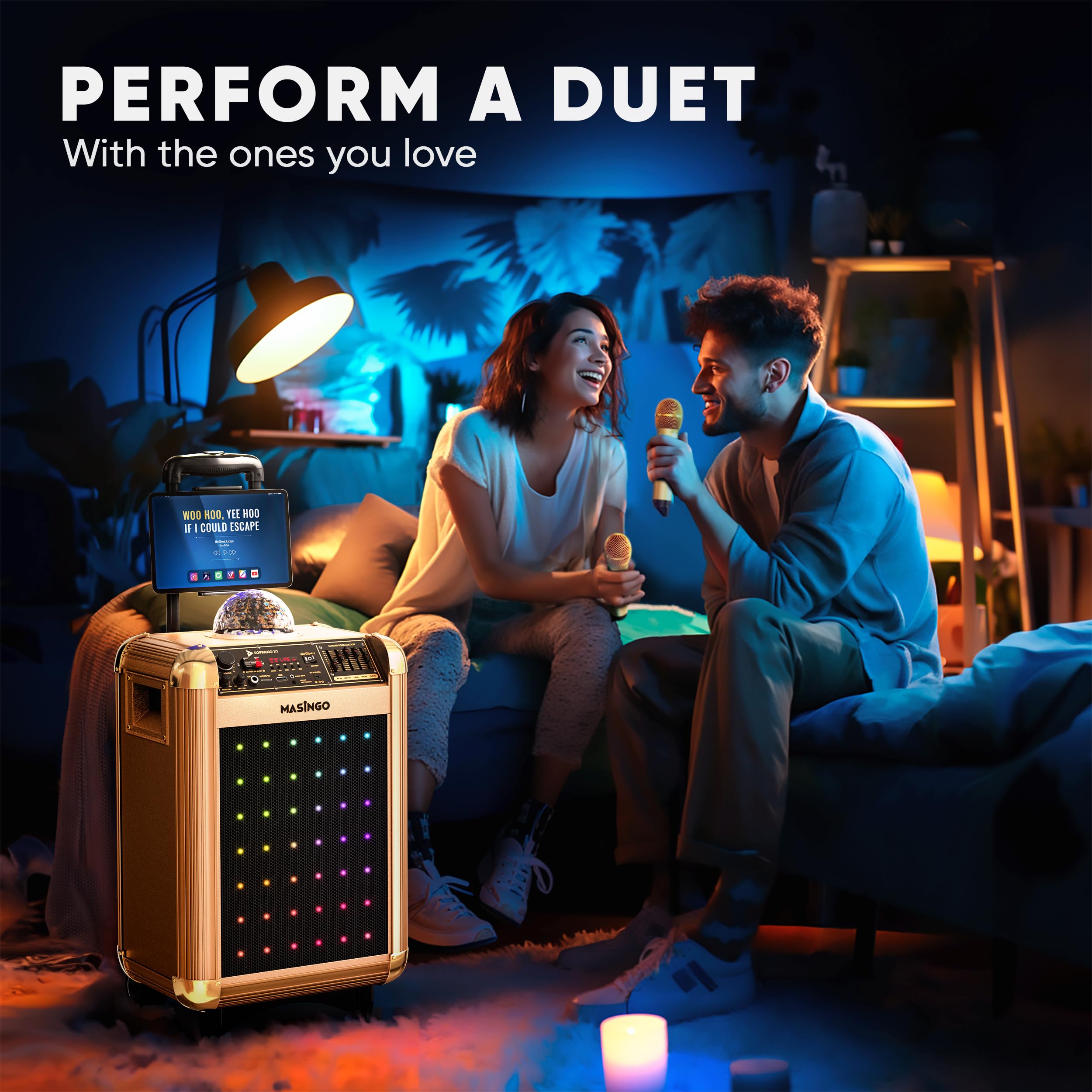 MASINGO X1 Karaoke Machine with Bluetooth Wireless Microphones - Portable PA Speaker System for Adults & Kids, Includes Disco Ball Party Lights, Lyrics Display Tablet Holder & TV Cable - Perfect for Home Parties, Birthday Celebrations & Family Gatherings