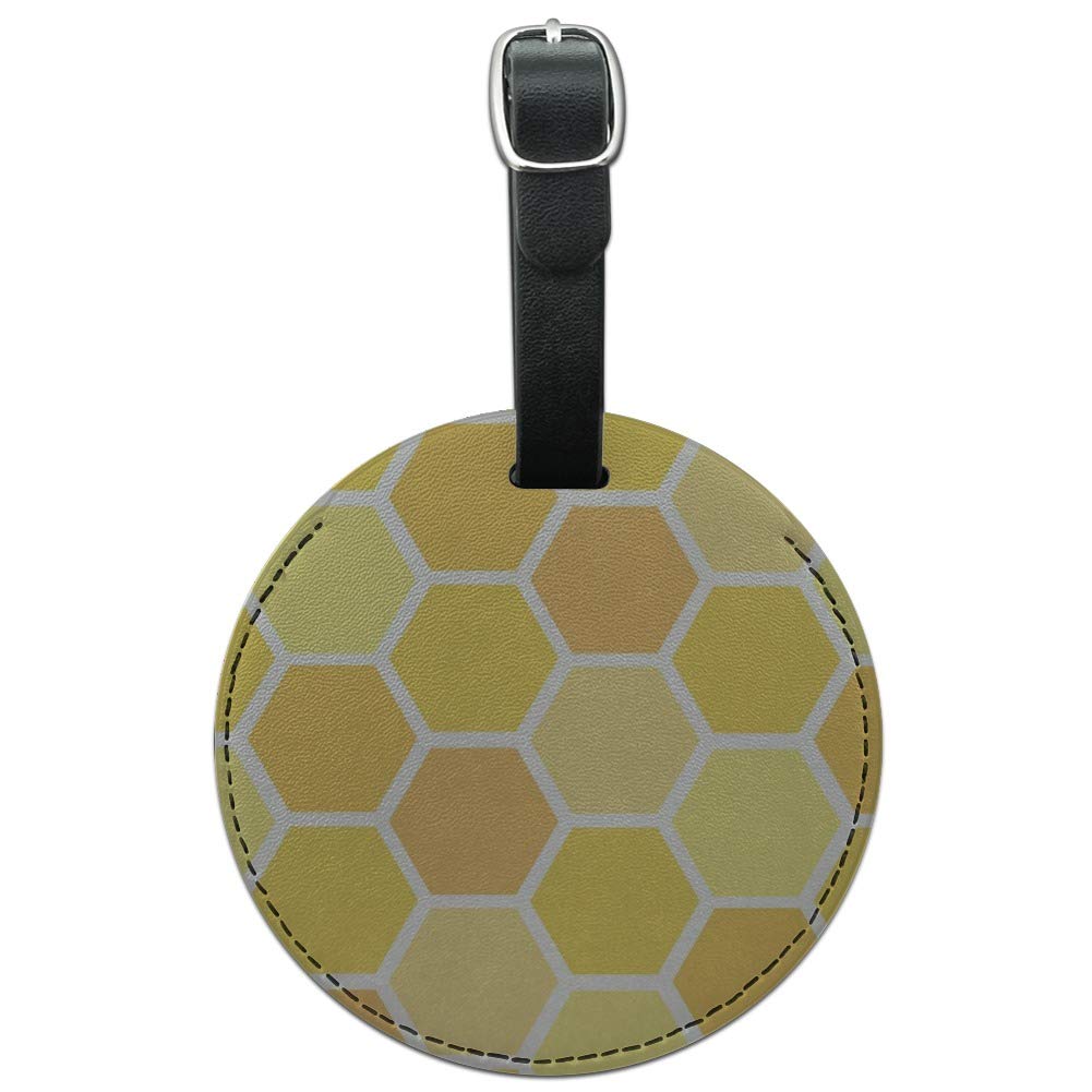 Yellow Honeycomb Pattern Round Leather Luggage Tag - Durable Suitcase ID Card Holder for Travel Bags | Perfect for Carry-Ons, Checked Luggage & Backpack Identification