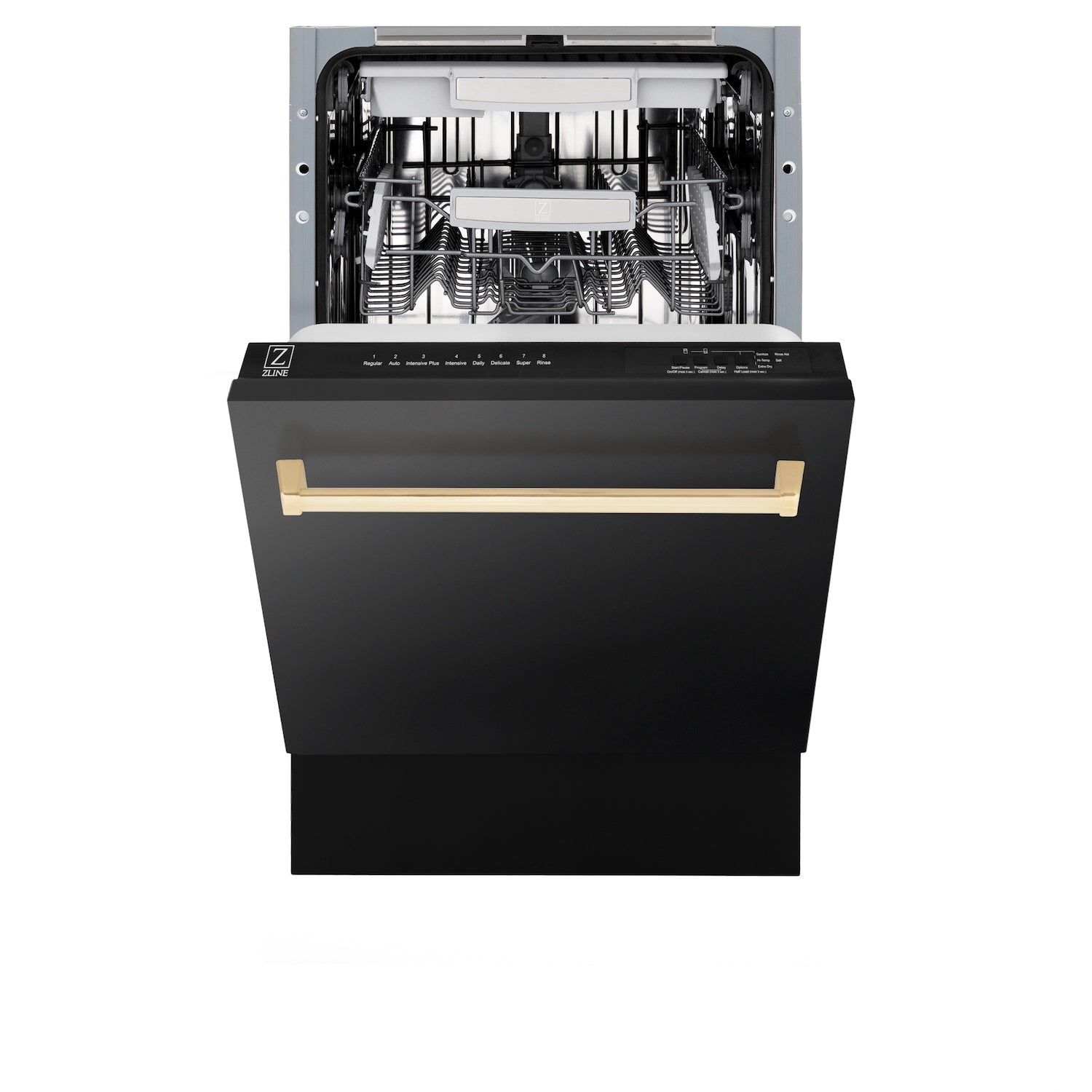 ZLINE Autograph Edition 18-Inch Compact Dishwasher with 3rd Rack - Black Stainless Steel with Polished Gold Handle, 51dBa (DWVZ BS 18 G) | Perfect for Small Kitchens, Apartments & RVs | Energy Efficient & Quiet Operation