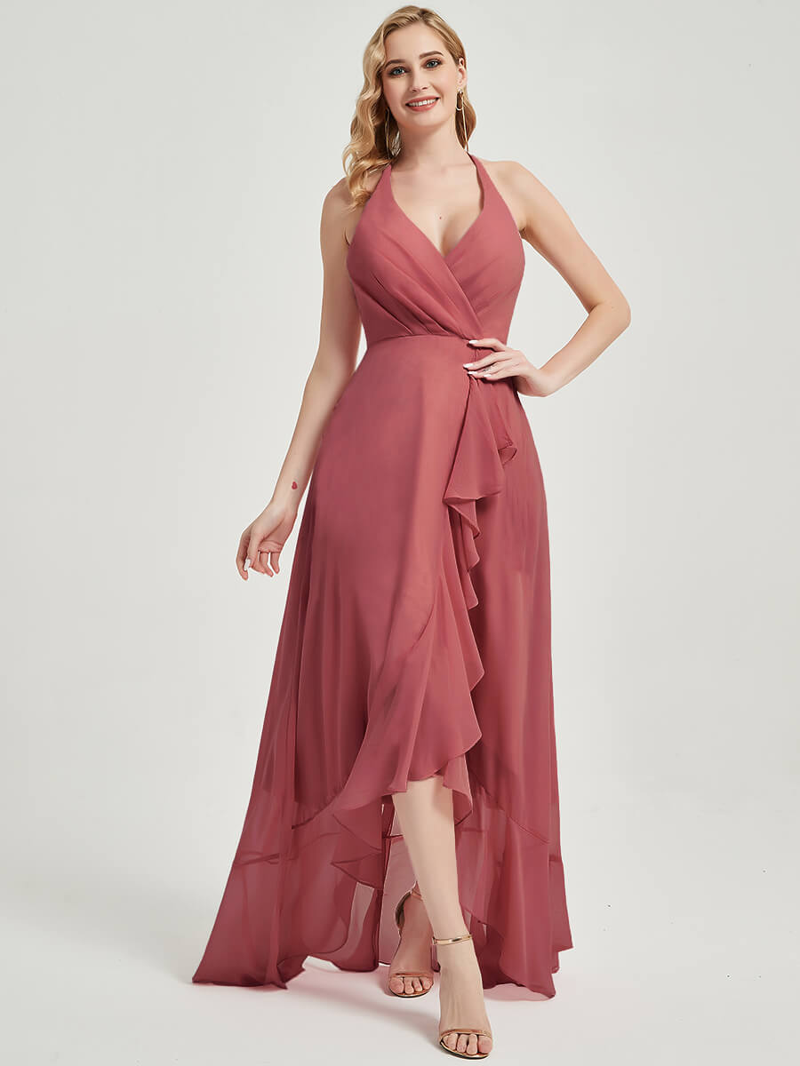Elegant Desert Rose Halter V-Neck Backless High-Low Chiffon Bridesmaid Dress for Weddings & Formal Events | Flowy Summer Beach Party Gown