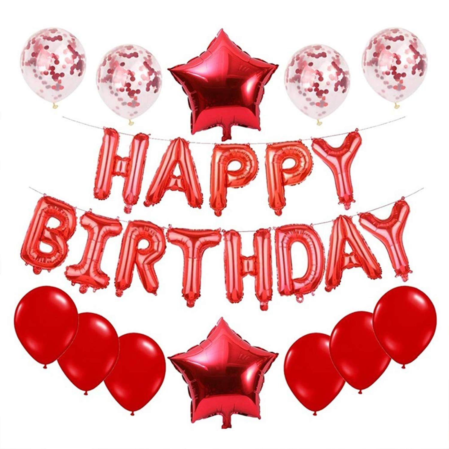 Happy Birthday Balloons Decorations Set - 13pcs Letter Balloons Banner, 2 Giant Star Foil Balloons, 4 Confetti Balloons, 6 Latex Balloons (Red) - Perfect for Birthday Parties, Baby Showers & Anniversary Celebrations
