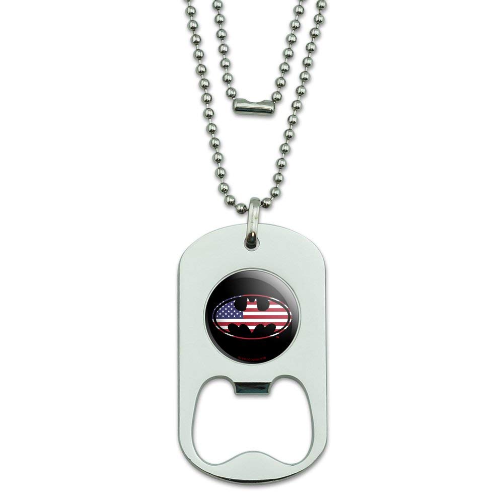 Batman USA American Flag Shield Logo Military Dog Tag Bottle Opener Pendant - Patriotic Gift for Men, Keychain Accessory for Beer Lovers & Comic Fans