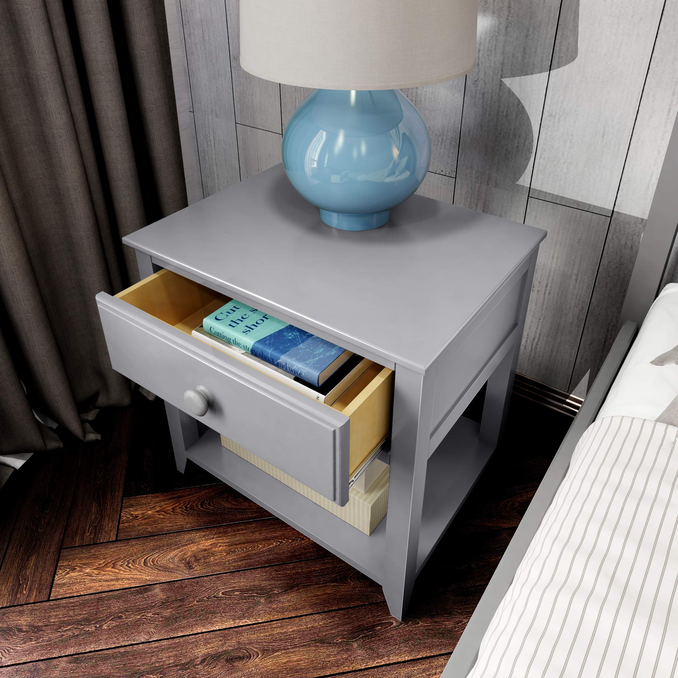 Plank+Beam Modern Nightstand with Drawer and Open Shelf - Grey Wood Bedside Table for Bedroom, Living Room & Office Storage