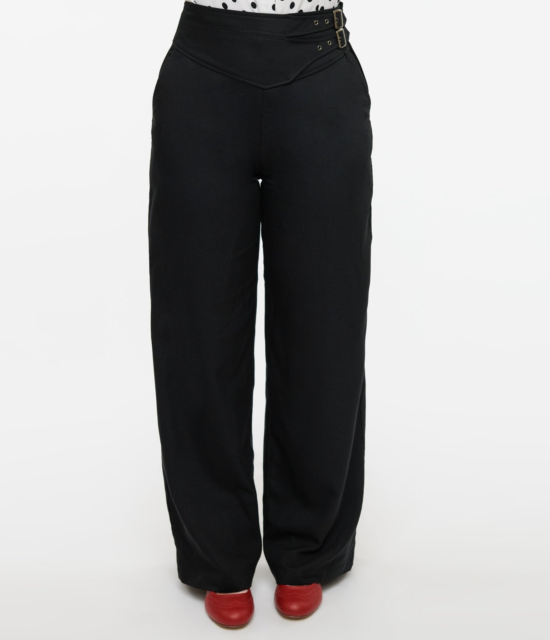 Vintage Black Double Belt Woven Pants for Women - High Waisted Wide Leg Trousers - Boho Chic Fashion for Casual Outings & Date Nights