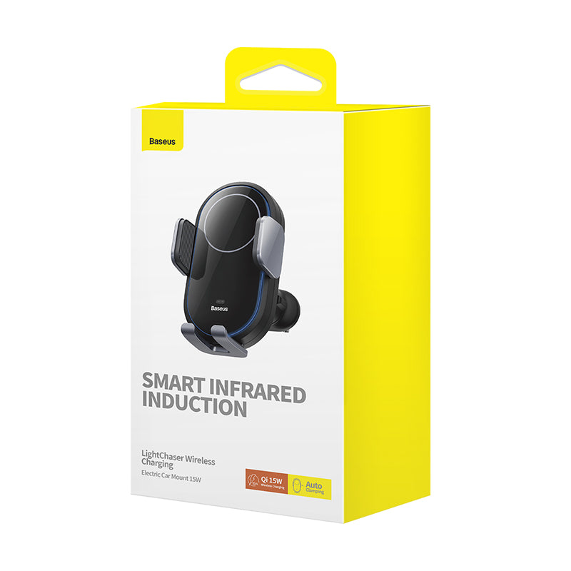 Baseus LightChaser 15W Wireless Car Charger Mount - Fast Qi Charging Phone Holder for iPhone 15/14/13/12, Samsung Galaxy S23/S22 - Perfect for Commuting & Road Trips (Black)