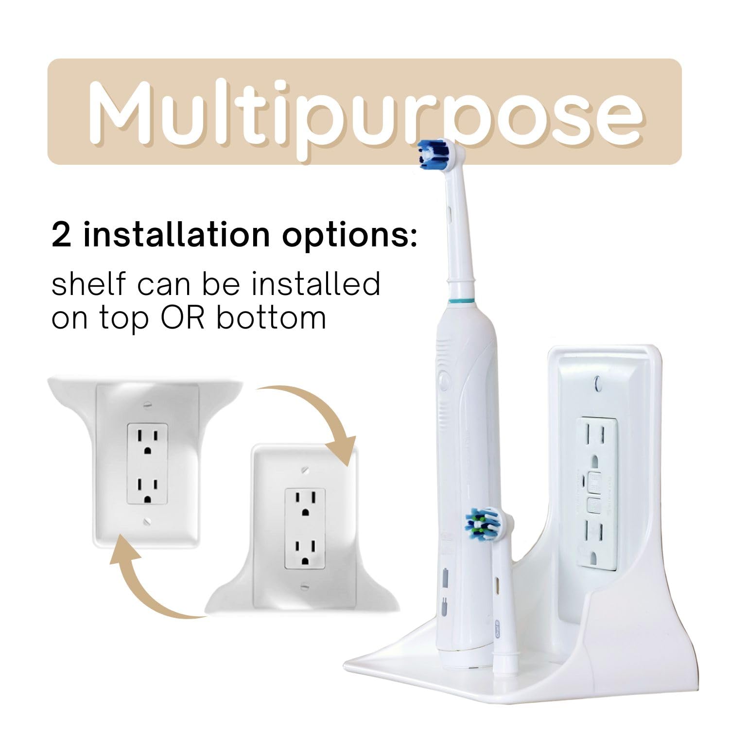 Power Perch Wall Outlet Shelf for Vertical Outlets - Cord Organizer with Velcro Strap | Perfect for Alexa Devices, WiFi Router Stand, Electric Toothbrush Holder | White Wall Shelf (1 Pack) | Ideal for Small Space Organization in Kitchen, Bathroom or Office