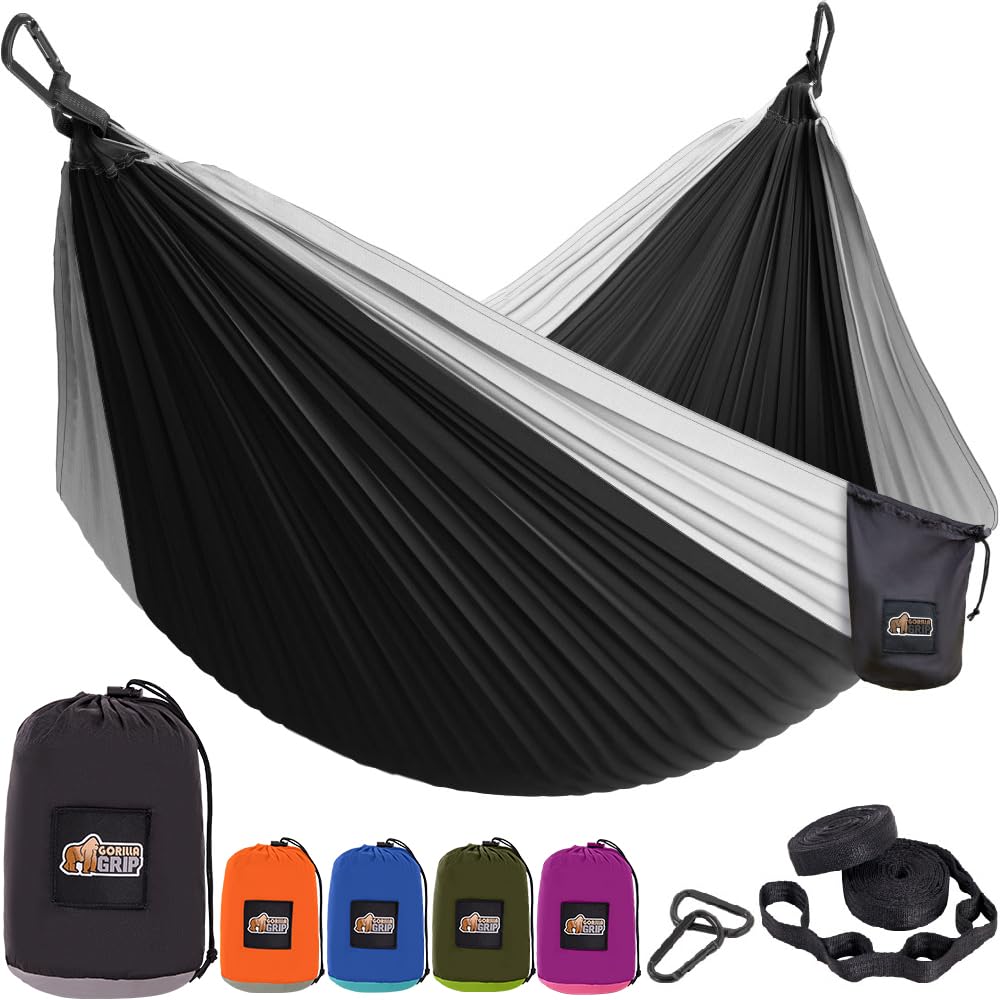 GORILLA GRIP Heavy Duty Camping Hammock - 400lb Capacity with Reinforced Tree Straps | Portable Travel Swing for Outdoor Adventures | Easy Setup & Comfortable 9x4.5ft Hammock for Backpacking, Beach, Yard Relaxation (Black)