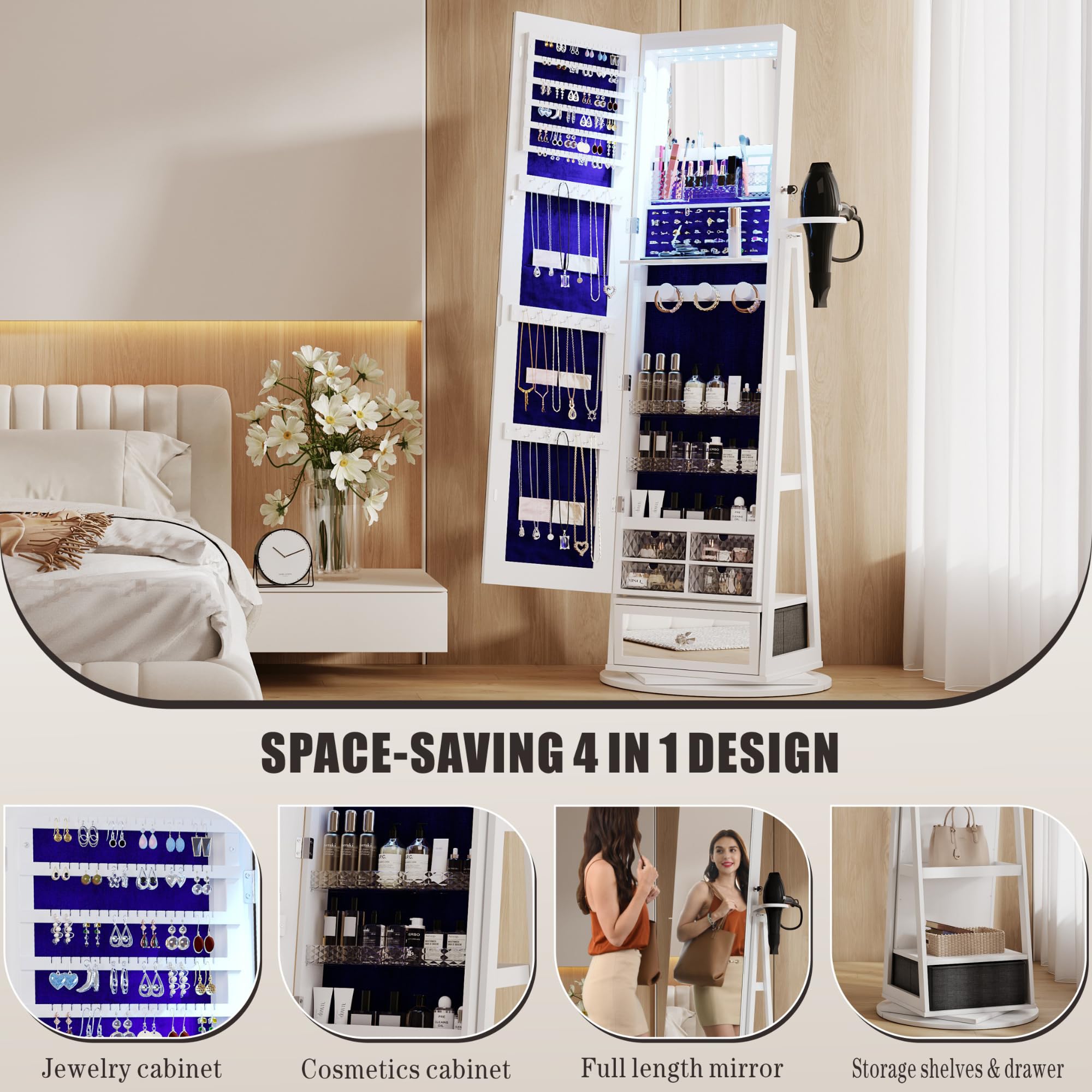 HWB Full-Length Mirror with Jewelry Storage & LED Lights - 360° Swivel Standing Jewelry Cabinet Organizer with Foldable Makeup Shelf - White | Bedroom Vanity, Dressing Room & Closet Organization Solution