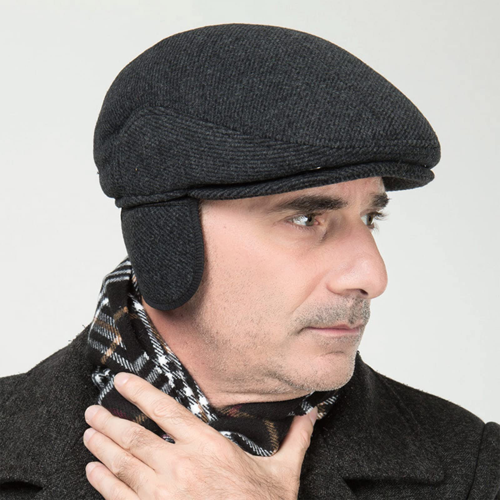 Men's Winter Warm Adjustable Beret Flat Cap - Newsboy Gatsby Hat for Outdoor Sports, Golf & Casual Wear - Thickened Earflaps for Cold Weather Protection