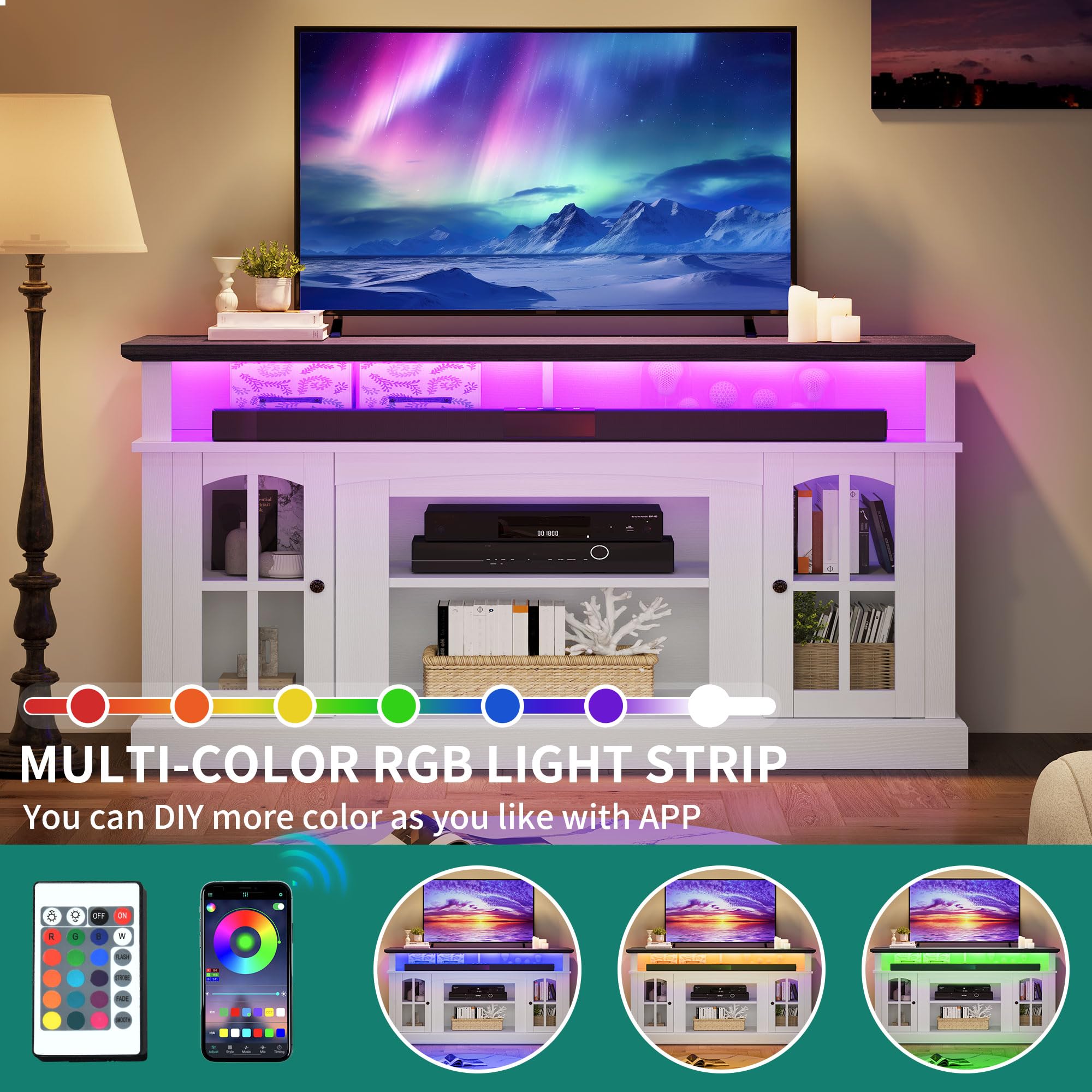 YITAHOME 65 Inch Modern LED TV Stand with Built-in Outlets, Farmhouse Style Entertainment Center with Glass Doors & Adjustable Shelves - Media Console Cabinet for Living Room (White/Black) | Perfect for Home Theater Setup & Living Room Organization