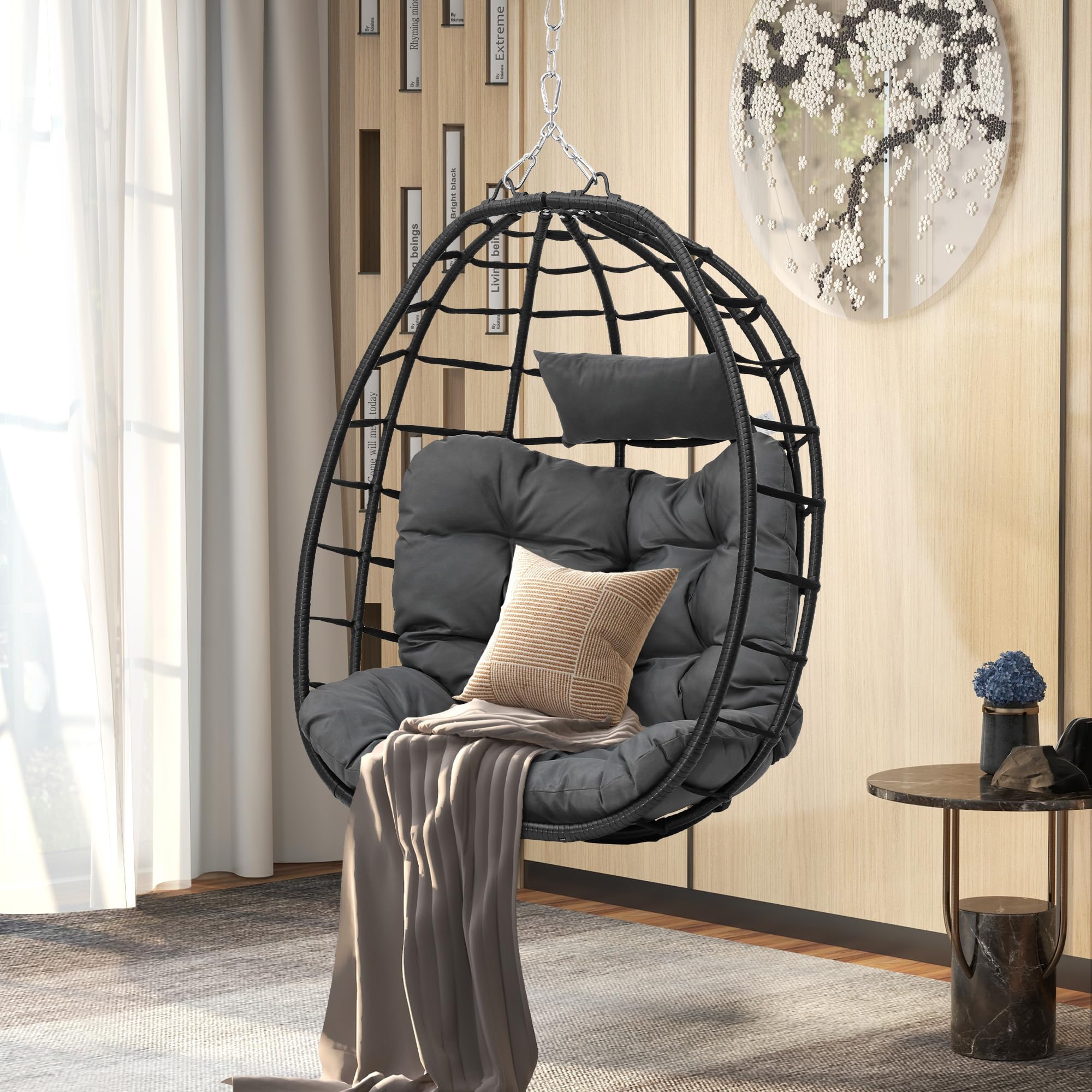 DWVO Egg Hanging Swing Chair - 330lbs Capacity Wicker Hammock with Cushions for Indoor & Outdoor Use - Perfect for Patio, Garden, Balcony or Bedroom Relaxation - Dark Gray (Stand Not Included)