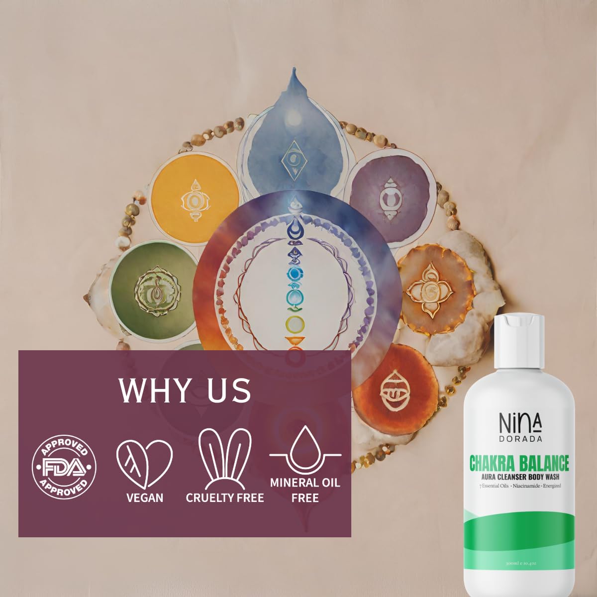 Nina Dorada Chakra Body Wash with Essential Oils for Aura Balance & Spiritual Positivity | Detoxifying Niacinamide Formula | Exfoliates Dead Skin Cells & Unclogs Pores | 300ml | Perfect for Yoga, Meditation & Holistic Self-Care Routines