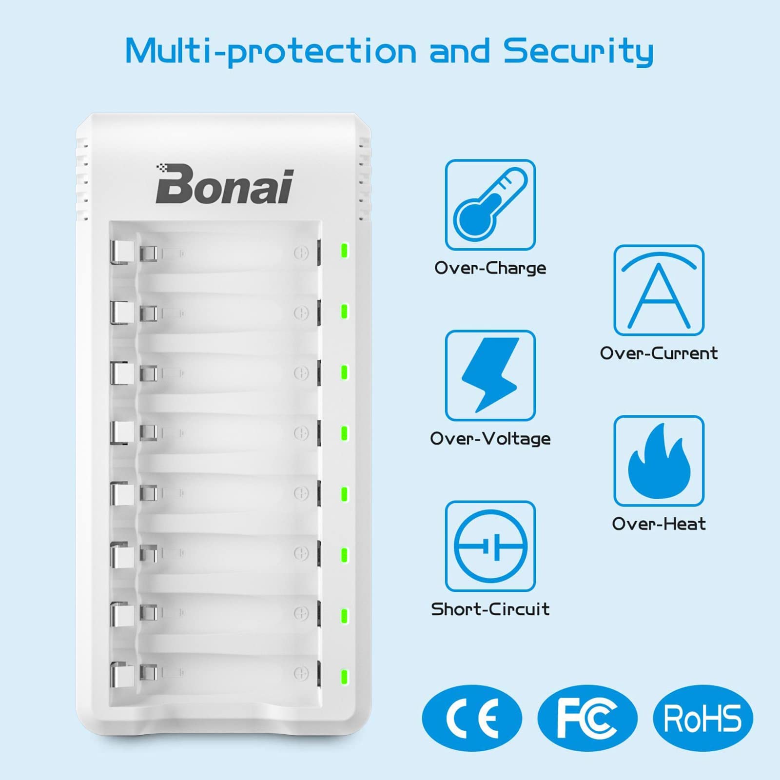 BONAI 8-Slot Smart Fast Battery Charger for AA AAA Ni-MH Ni-CD Rechargeable Batteries - Perfect for Cameras, Toys, and Electronic Devices