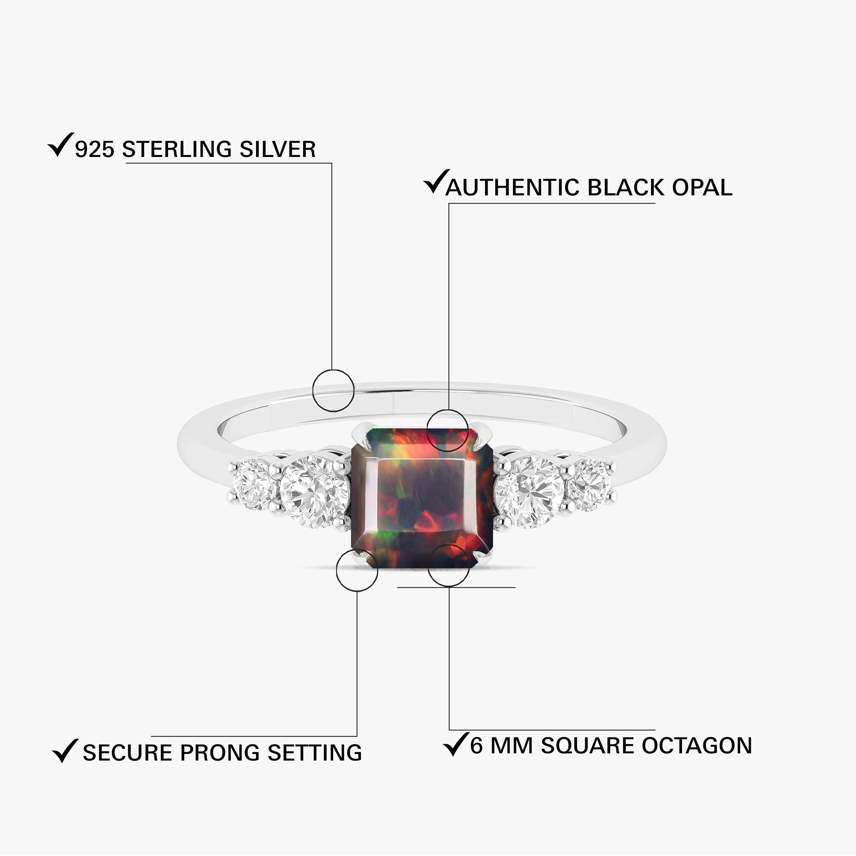 Black Natural Fire Faceted Octagon Opal Ring for Women - Elegant Handmade Jewelry Gift for Birthday, Anniversary & Special Occasions
