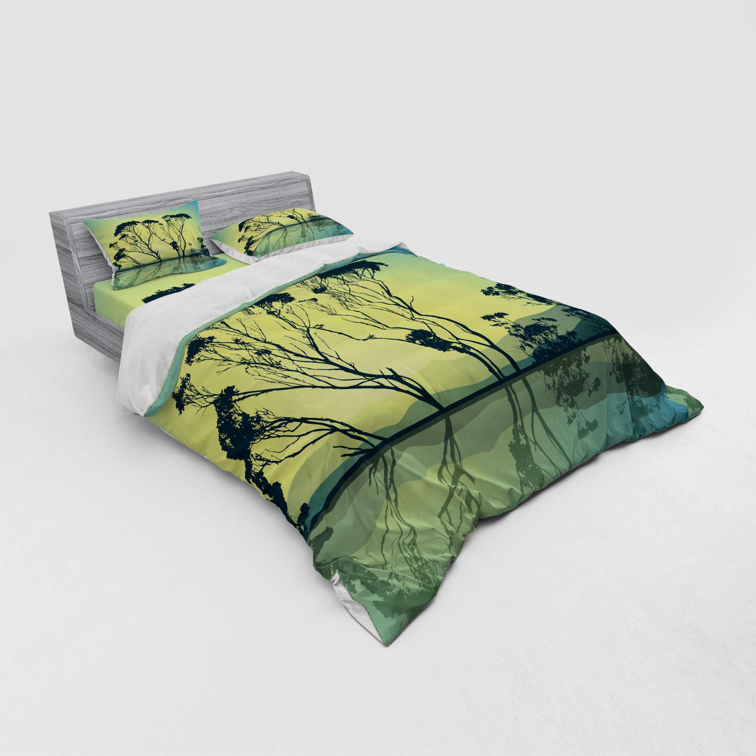 Ambesonne Tree Duvet Cover Set - Queen Size 4-Piece Bedding with Shams & Fitted Sheet, Blue Yellow Tree Silhouette Water Reflection Scenic National Park Countryside Print - Perfect for Nature Lovers' Bedroom Decor & Cozy Cabin Retreats