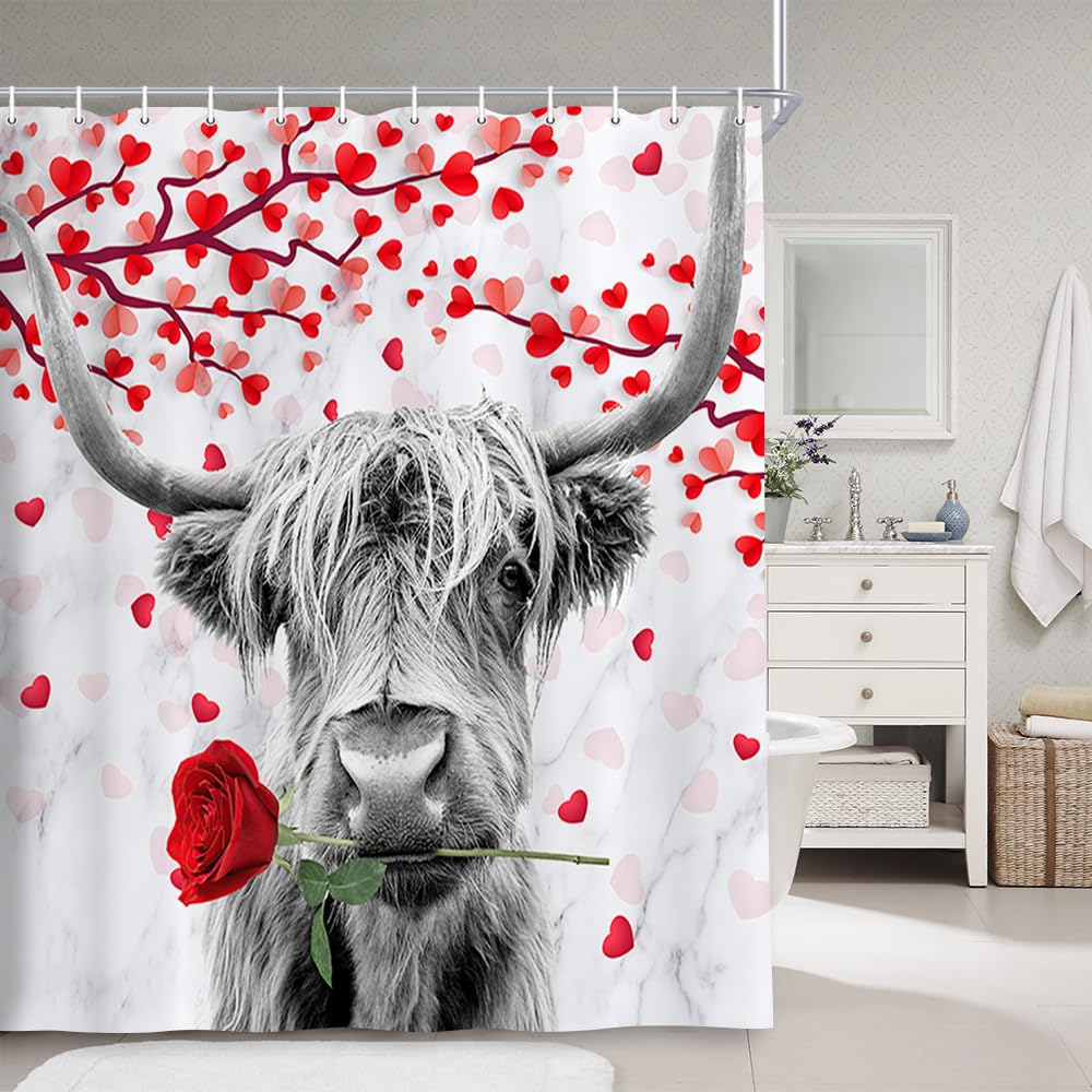 Funny Highland Cow Valentine's Day Shower Curtain - Farmhouse Western Rustic Bathroom Decor with Red Heart Tree Design, Includes Hooks (72x72 Inches) | Perfect for Farmhouse Bathrooms, Valentine's Gifts & Country-Themed Home Decor