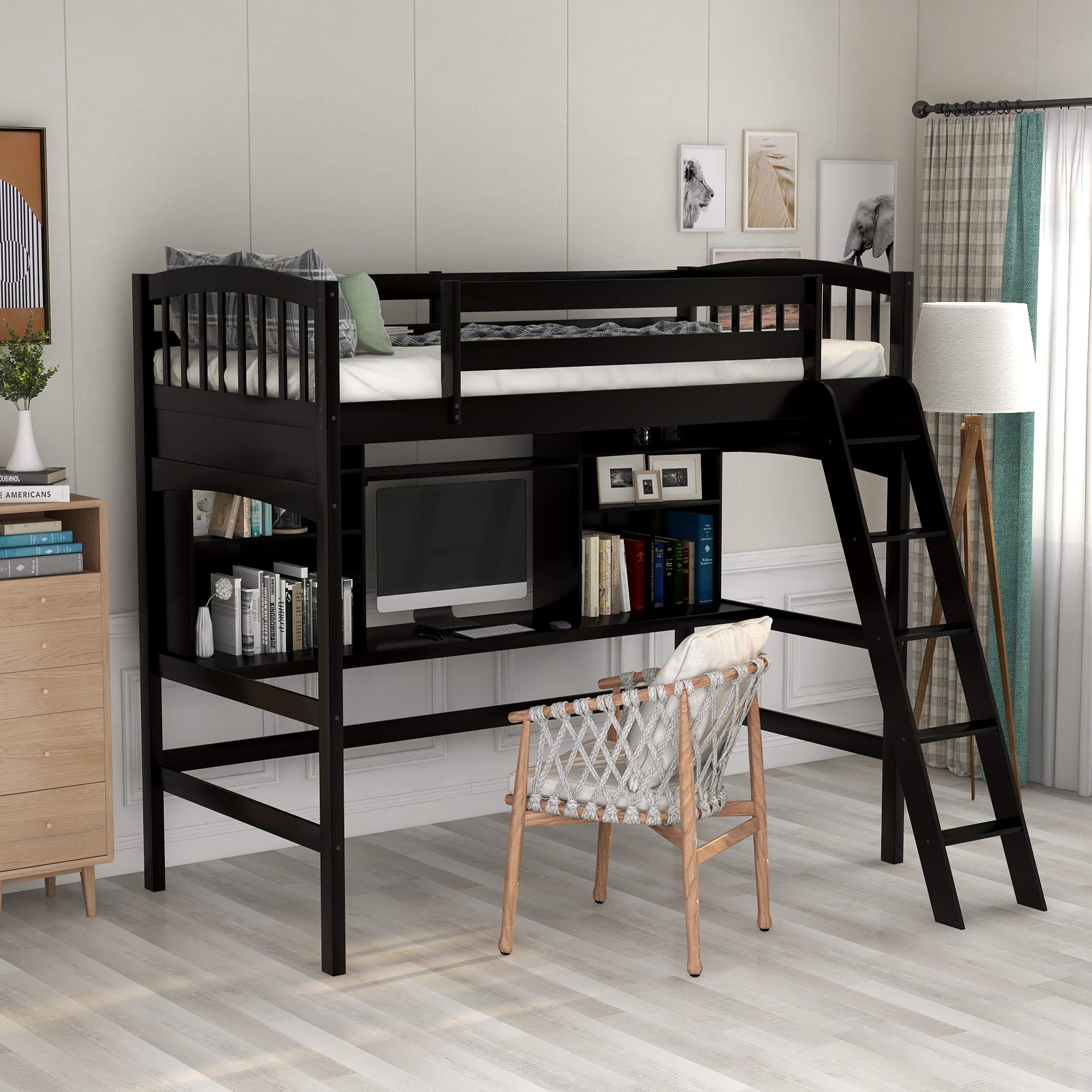 Twin Size Loft Bed with Desk for Kids & Teens - Espresso Finish, Space-Saving Study & Sleep Solution for Small Bedrooms