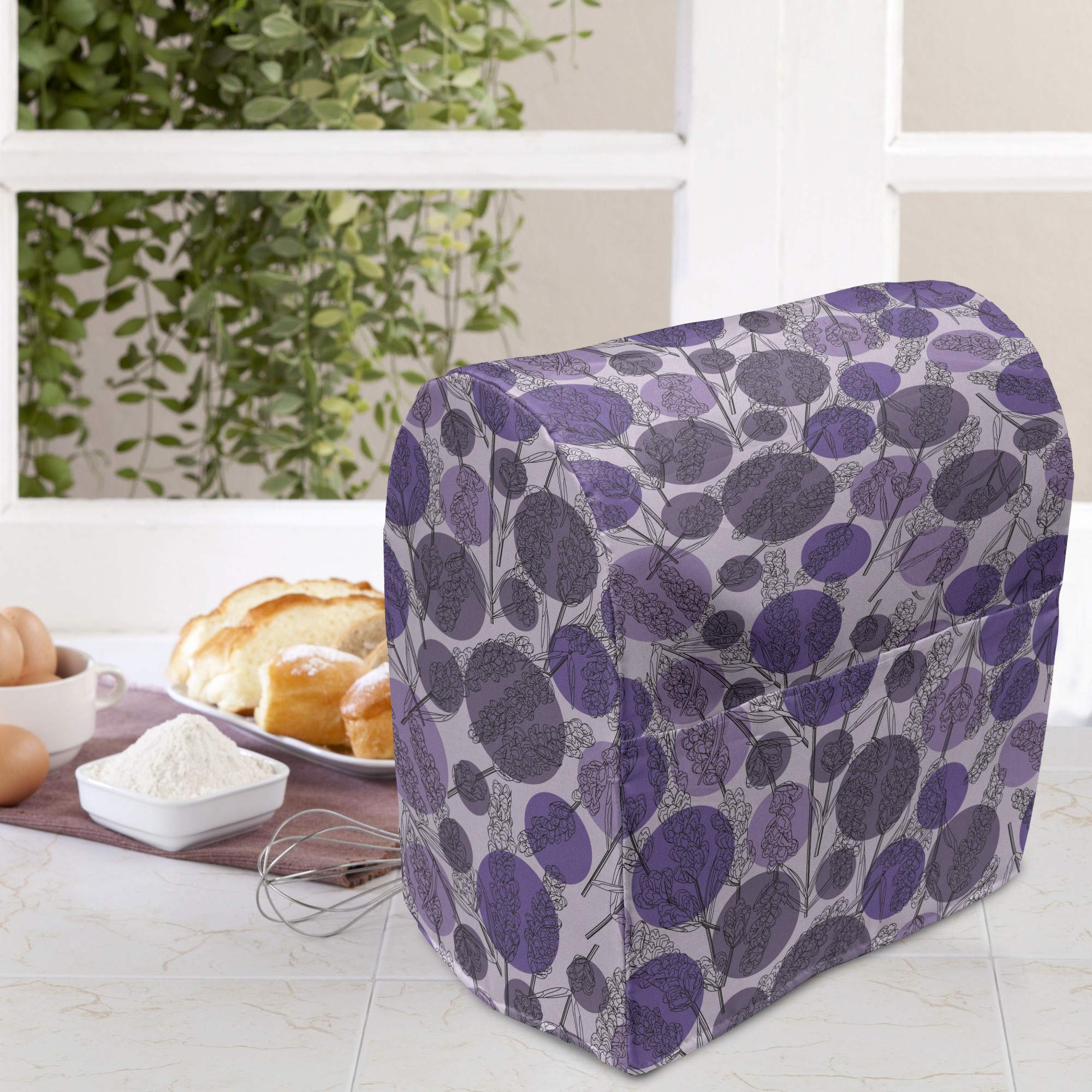 Ambesonne Floral Stand Mixer Cover with Pocket - Lavender & Round Flower Design, 6-8 Quart Kitchen Appliance Organizer Bag in Mauve Blue Violet - Perfect for Baking, Cooking & Kitchen Organization